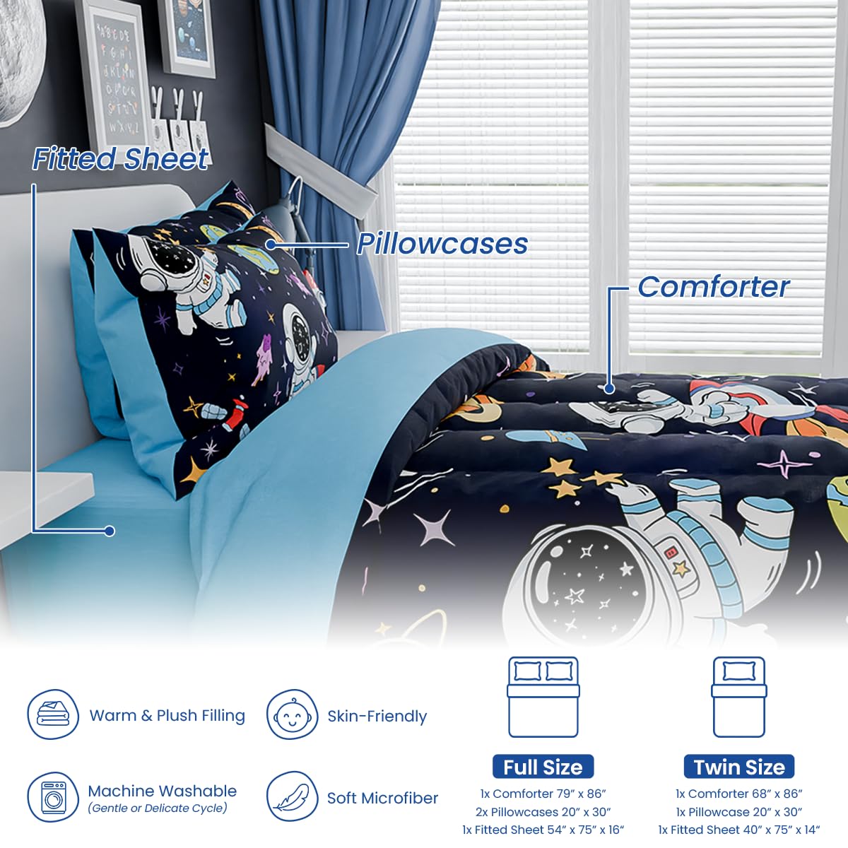 SANDJEST Astronaut Bedding Sets for Boys, Ultra Soft Microfiber Comforter Set with 3-Pieces, Comforters Sets for Kids Children Boy Bedroom Decor