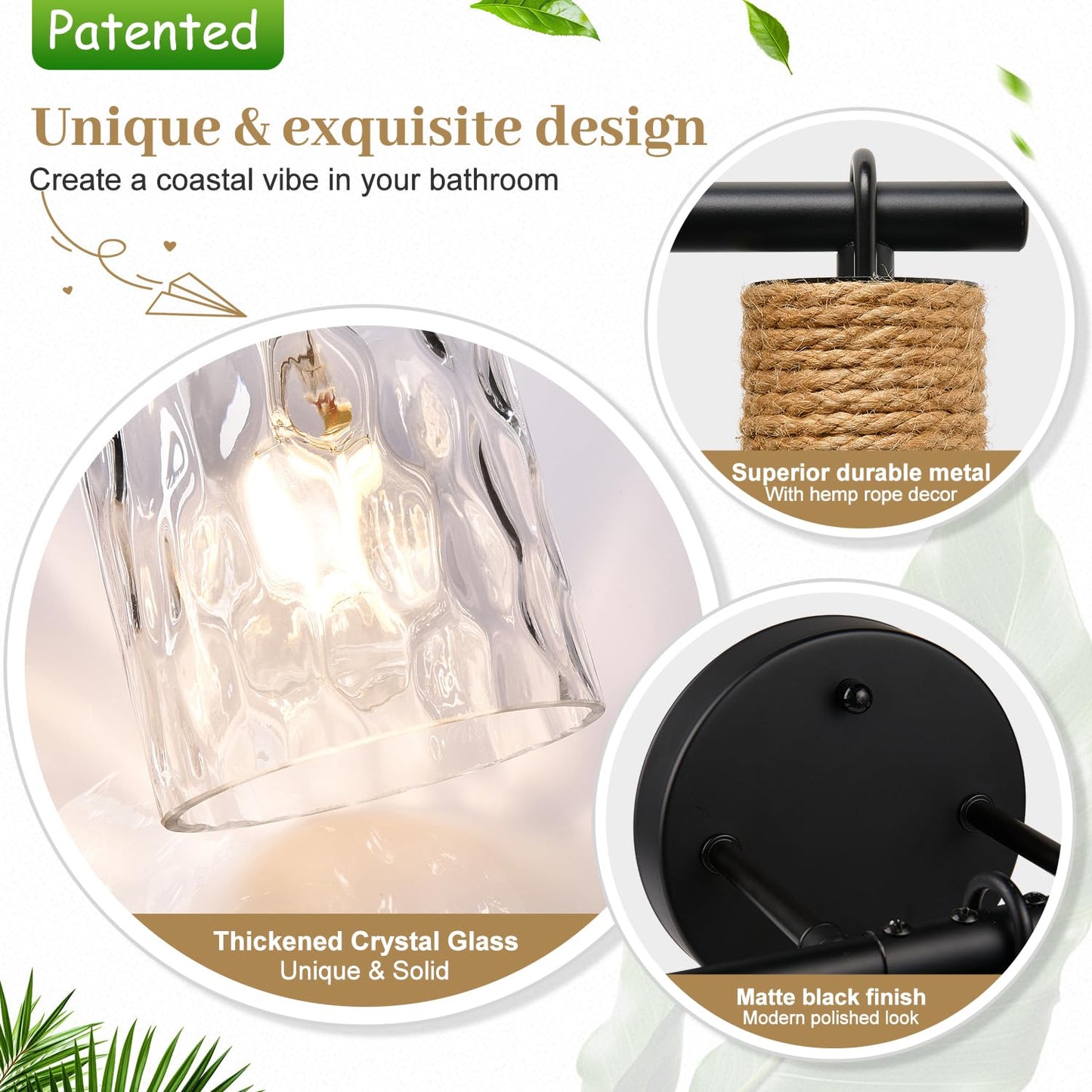 MOKATNG Bathroom Light Fixtures, 5-Light Coastal Vanity Lights with Crystal Glass Shade, Black Bathroom Wall Lamp for Mirror Kitchen Hallway Cabinet