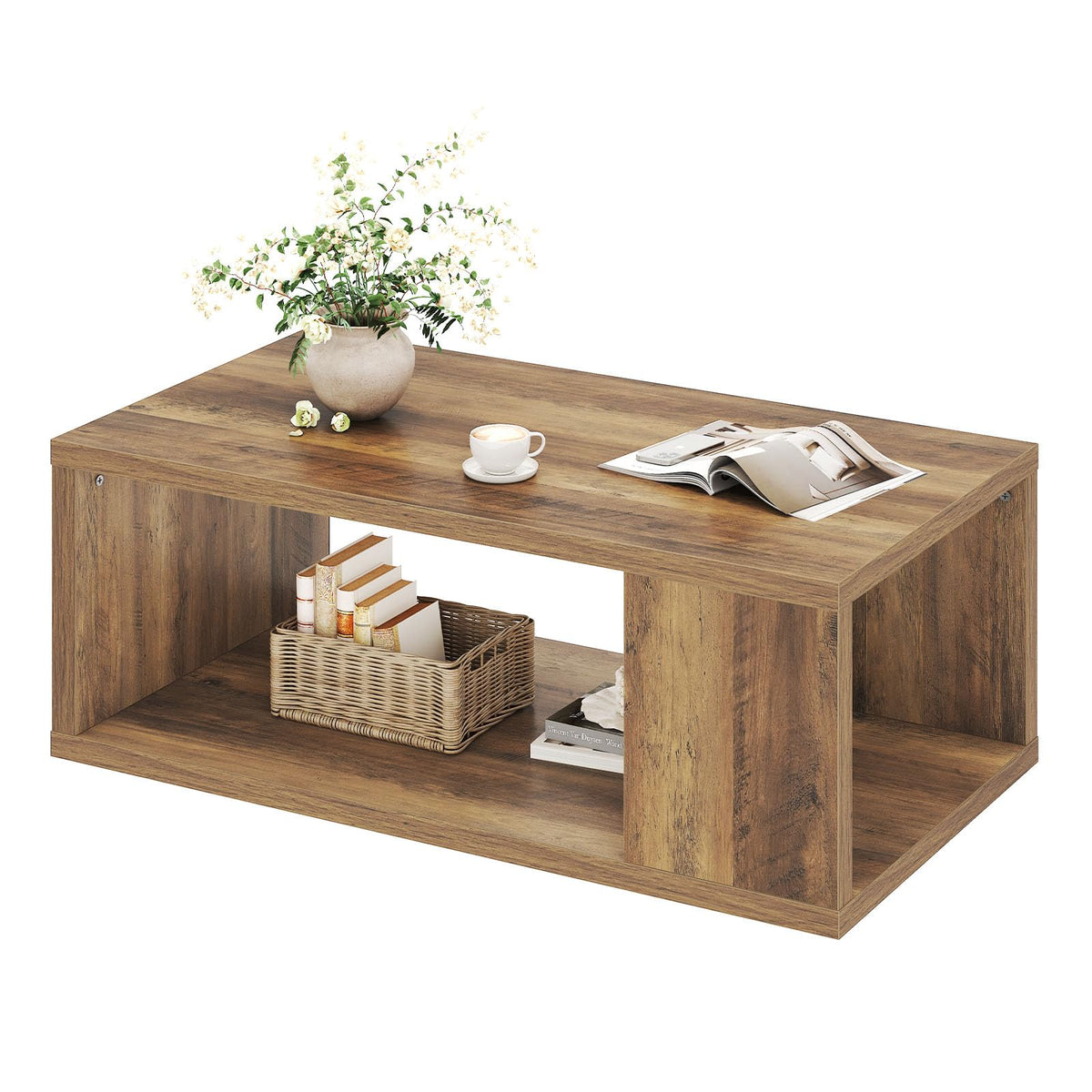 LVB Rustic Coffee Table with Storage, Modern Wood Coffee Tables for Living Room, Farmhouse Large Wooden Rectangle Center Table, Unique Wide Low Tea Table for Small Home Office, 39 inch, Rustic Oak