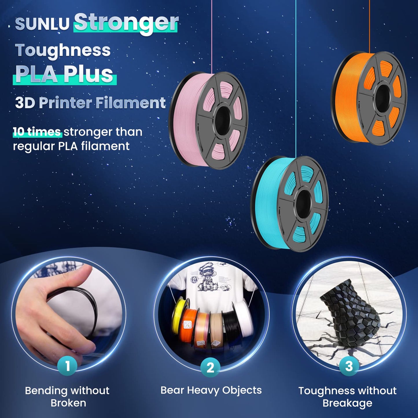 SUNLU PLA Plus 3D Printer Filament, 1.75mm PLA+ 3D Filament for FDM 3D Printer & 3D Pens, Neatly Wound Filament, Strong and Toughness, Dimensional Accuracy +/- 0.02 mm, 1KG Spool(2.2 LBS), Orange