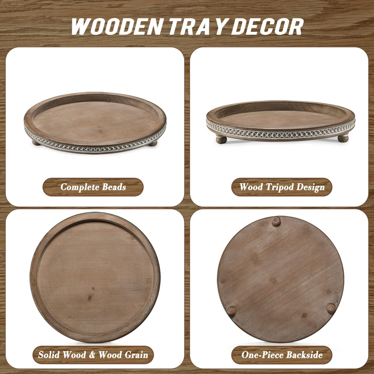 Handmade 12 Inch Decorative Tray, Small Beaded Tray Coffee Table Decor, Warm Brown Round Wooden Tray for Coffee Table, Dining Room Table Entryway and Living Room Table
