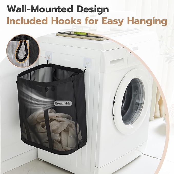 Mesh Laundry bag with Handles, 42L Collapsible Laundry Basket with 2 Hooks