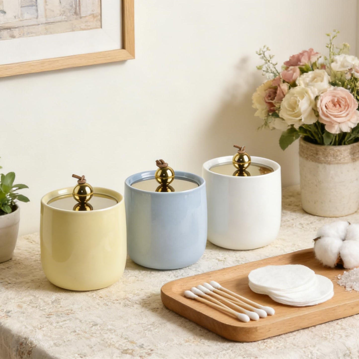 Ceramic Qtip Holder Dispenser with Gold Lids 2 Pack, Yellow Apothecary Jars Bathroom Vanity Organizer for Home Decor Bathroom Canister for Cotton Swabs, Rounds, Balls, Makeup Sponges, Bath Salts
