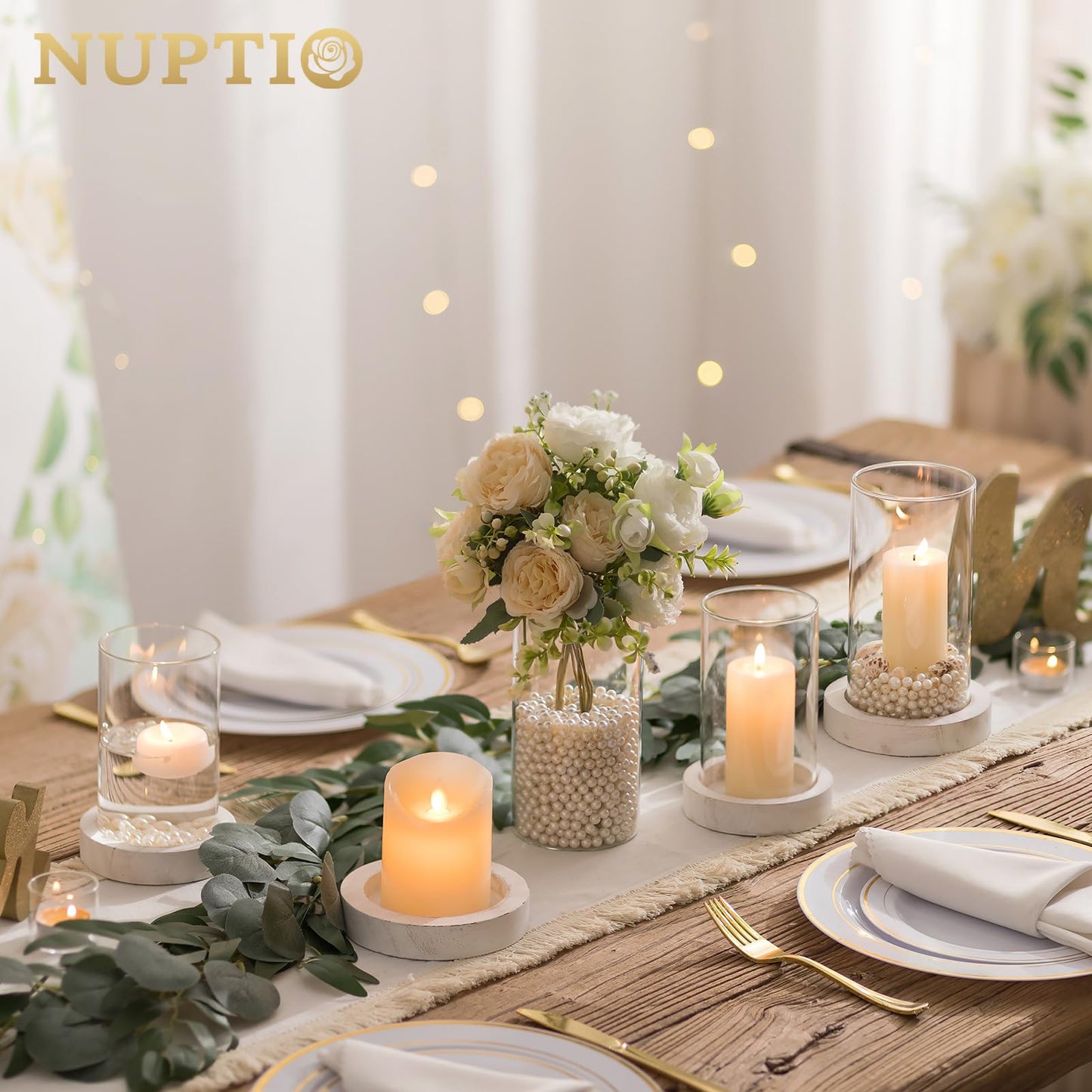 NUPTIO Hurricane Candle Holder for Wedding: Glass Cylinder Vase with Distressed White Wood Plate - Set of 2 Tall Pillar Candles Holder for Christmas Thanksgiving Holiday Decoration