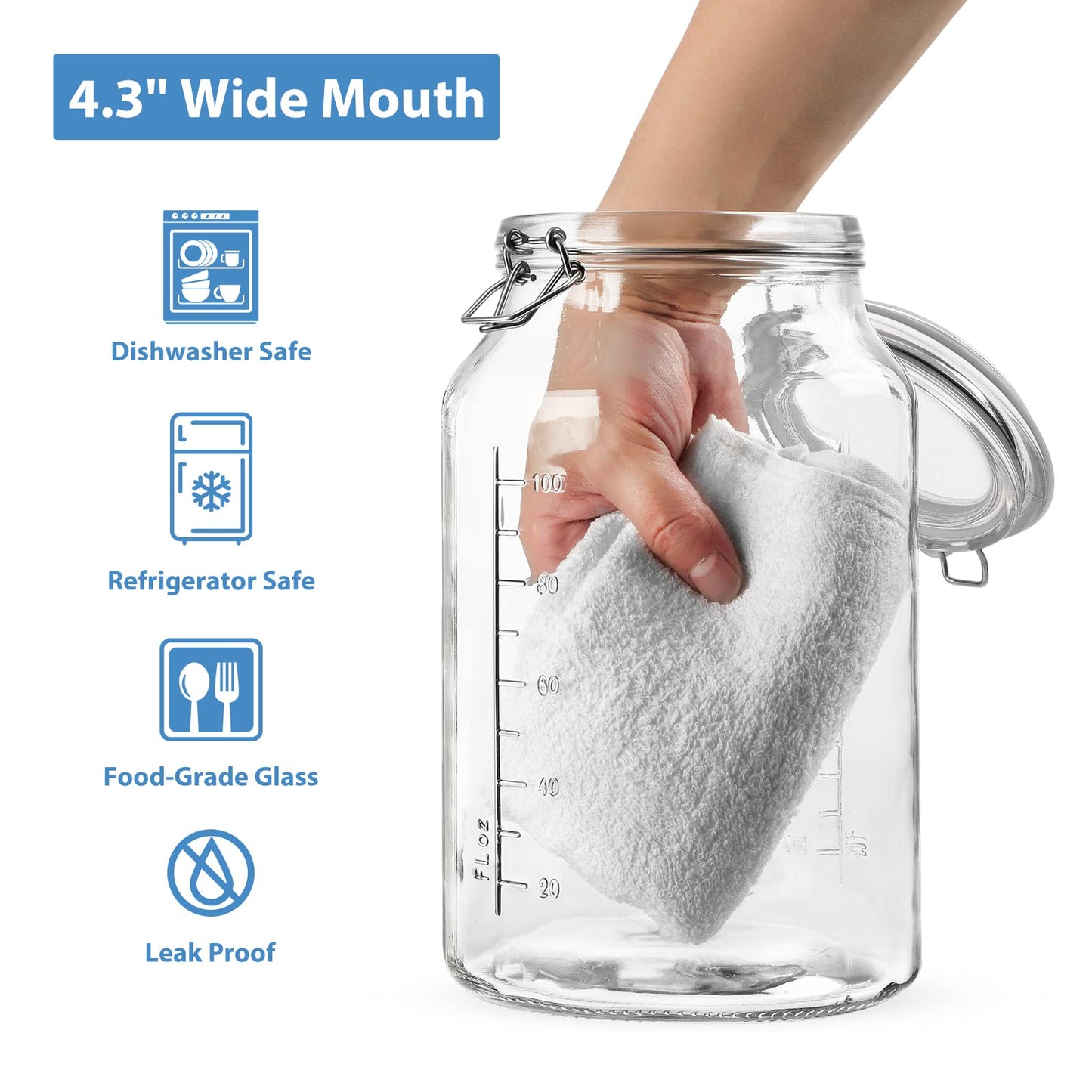 1 Gallon Super Wide Mouth Glass Storage Jars with Airtight Lids and 2 Measurement Marks, Leak Proof Glass Container with Hinged Lids, Large Pickle Jars with Labels and Silicone Gasket, 2 Pack