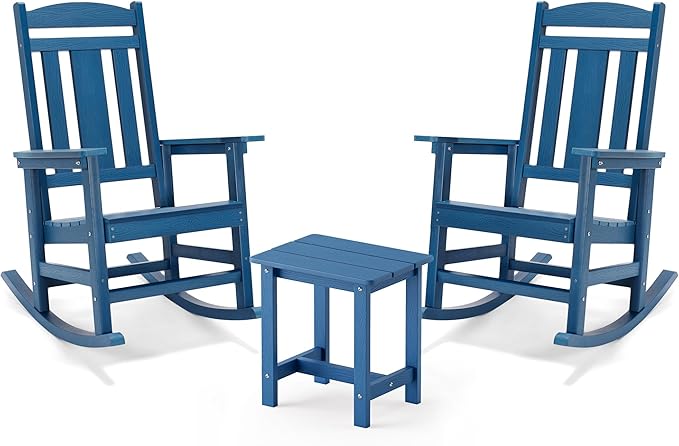LUE BONA Outdoor Rocking Chairs Set, 3-Piece, HDPS Poly Porch Rockers with Table, Plastic Weather Resistant Rocking Chair Set for Outdoor Indoor, Garden, Backyard, 350lb, Navy Blue Chairs+Table