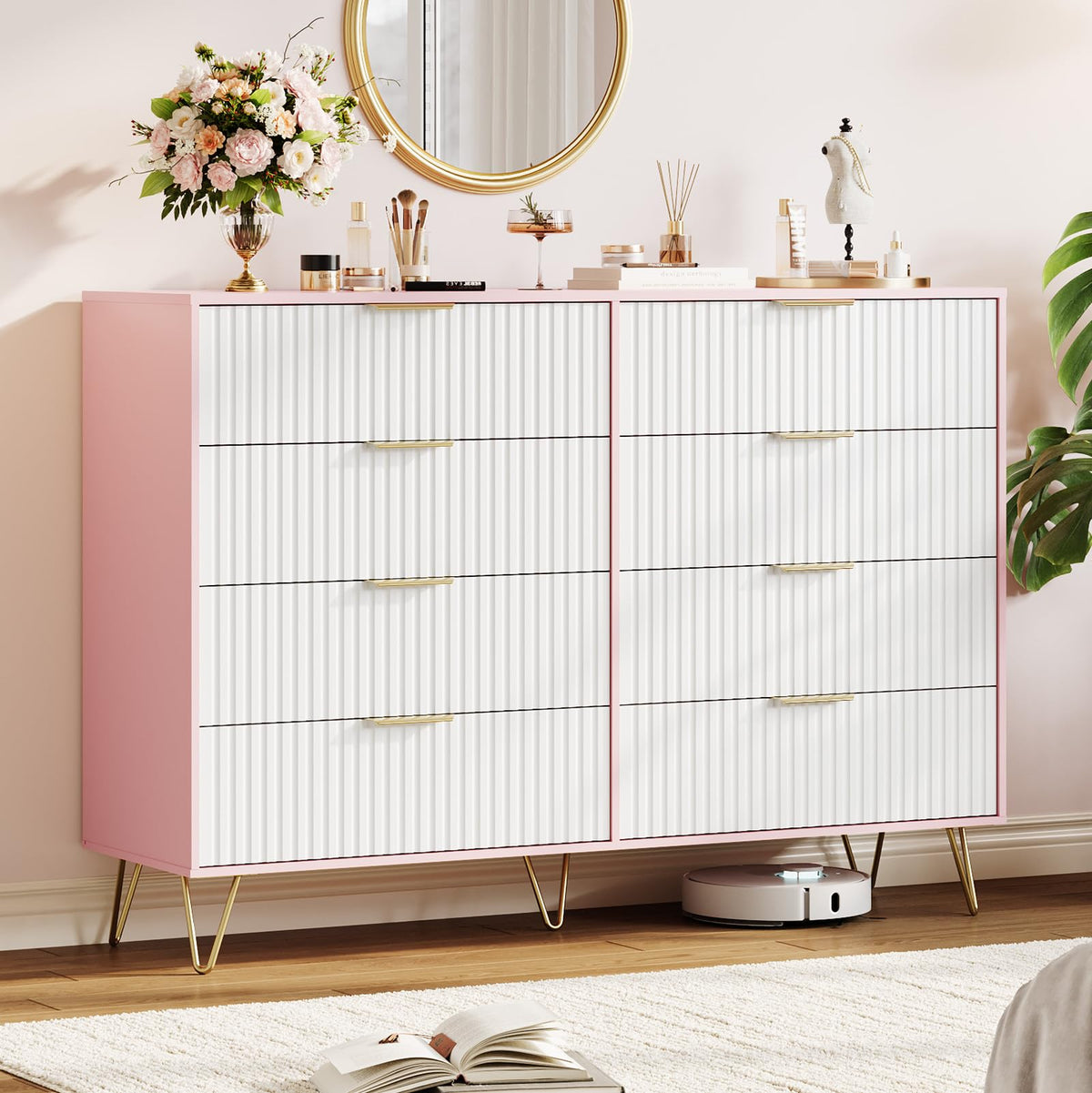 GarveeHome Fluted Dresser for Bedroom with 8 Drawers,55" Wide Modern Chest of Wooden Bedroom Chest with Metal Handle,Clothes Storage Organizer,Dresser & TV Stand for Living Room,PIink