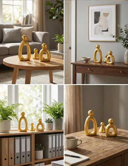 Joogour Abstract Family of 3 Figurines Modern Sculptures - Minimalist Home Decor for TV Stand, Bookshelf, Living Room | Decorative Accents and Gift Ideas as Knick Knacks for Shelves (GLOD)