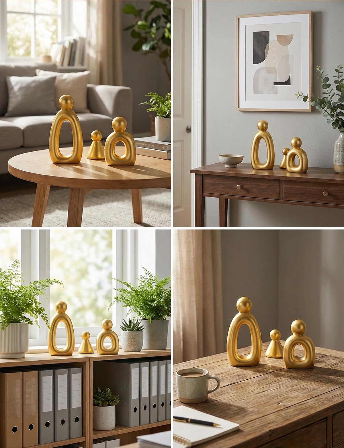 Joogour Abstract Family of 3 Figurines Modern Sculptures - Minimalist Home Decor for TV Stand, Bookshelf, Living Room | Decorative Accents and Gift Ideas as Knick Knacks for Shelves (GLOD)