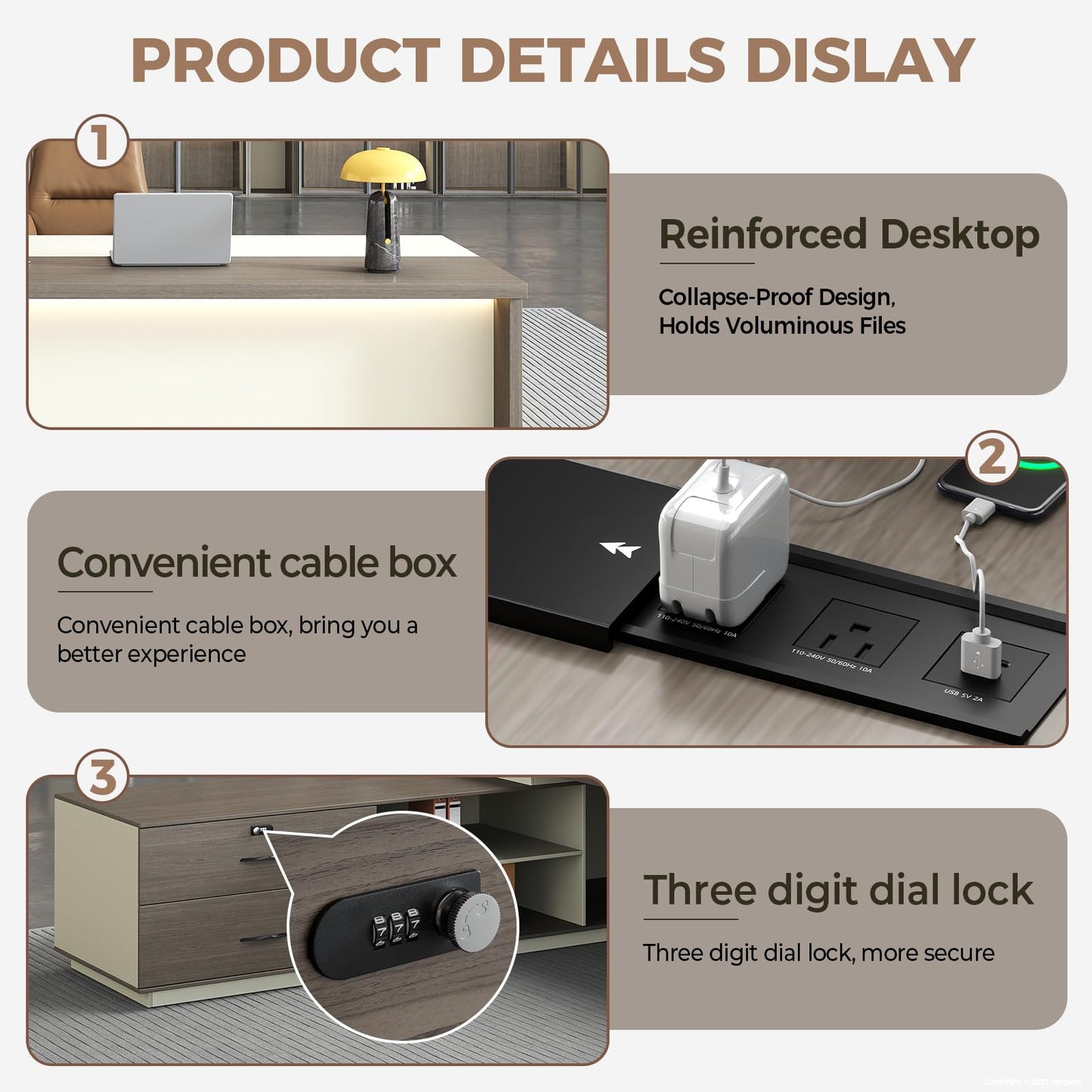 79-Inch L Shaped Executive Desk with Drawers, Large Modern Office Desk with Storage Shelves, LED Lighting, Built-in Power Outlet & USB Ports, Home Office Desk, Smoked Oak & Cream White, Left Return