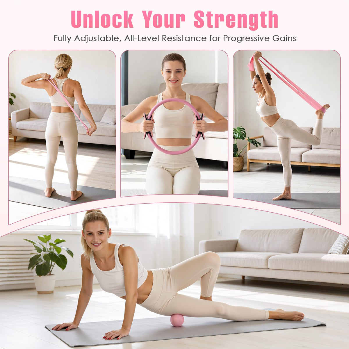 Pilates Kit, Pilates Equipment for Home Workouts, Home Pilates Essentials Kit for Women with Pilates Ring and Ball Set, Socks, ankle resistance bands with cuffs, Resistance Band and Massage ball