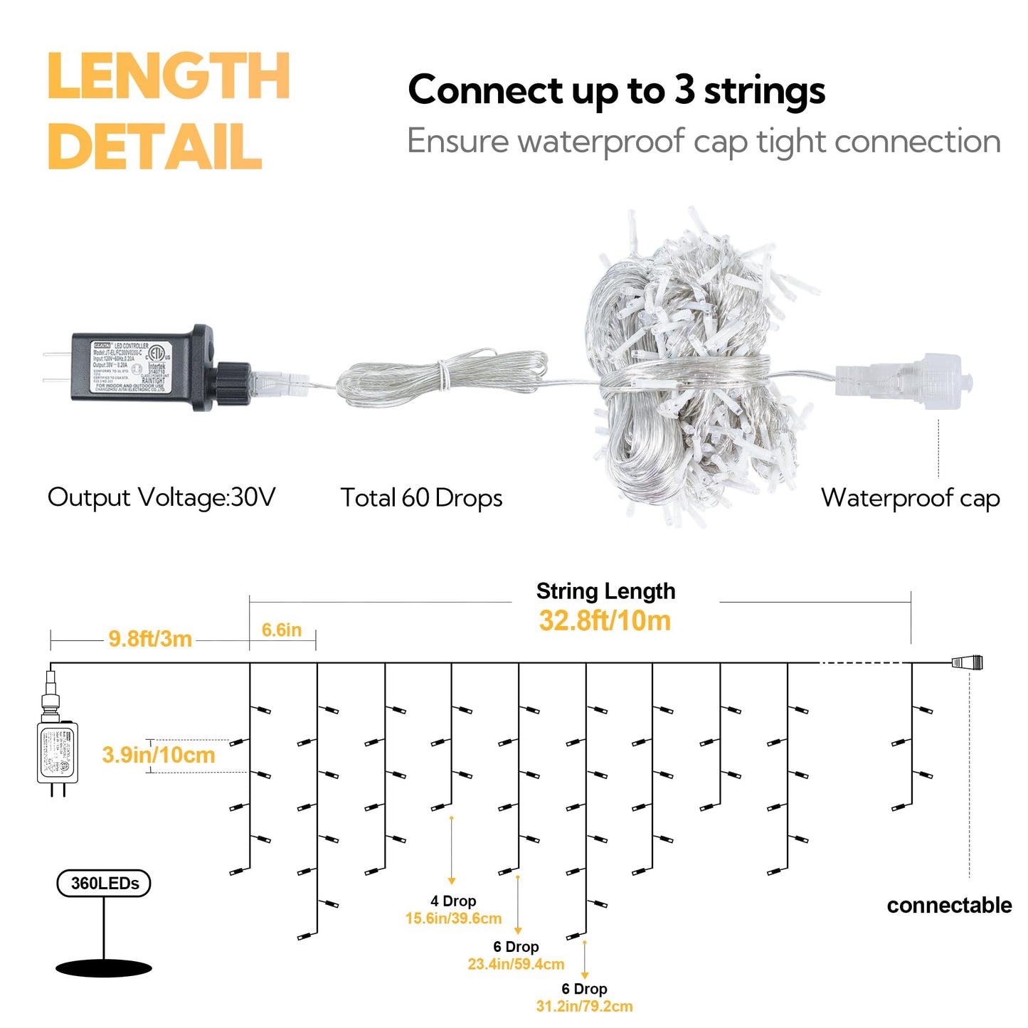 Hopolon 33FT 360L LED Christmas Icicle Lights Outdoor Waterproof,8 Modes Plug in Curtain String LIghts With 60 Drops,Christmas Lights for Wedding,Party,Bedroom,Home,Garden,Wall Decorations(Warm White)