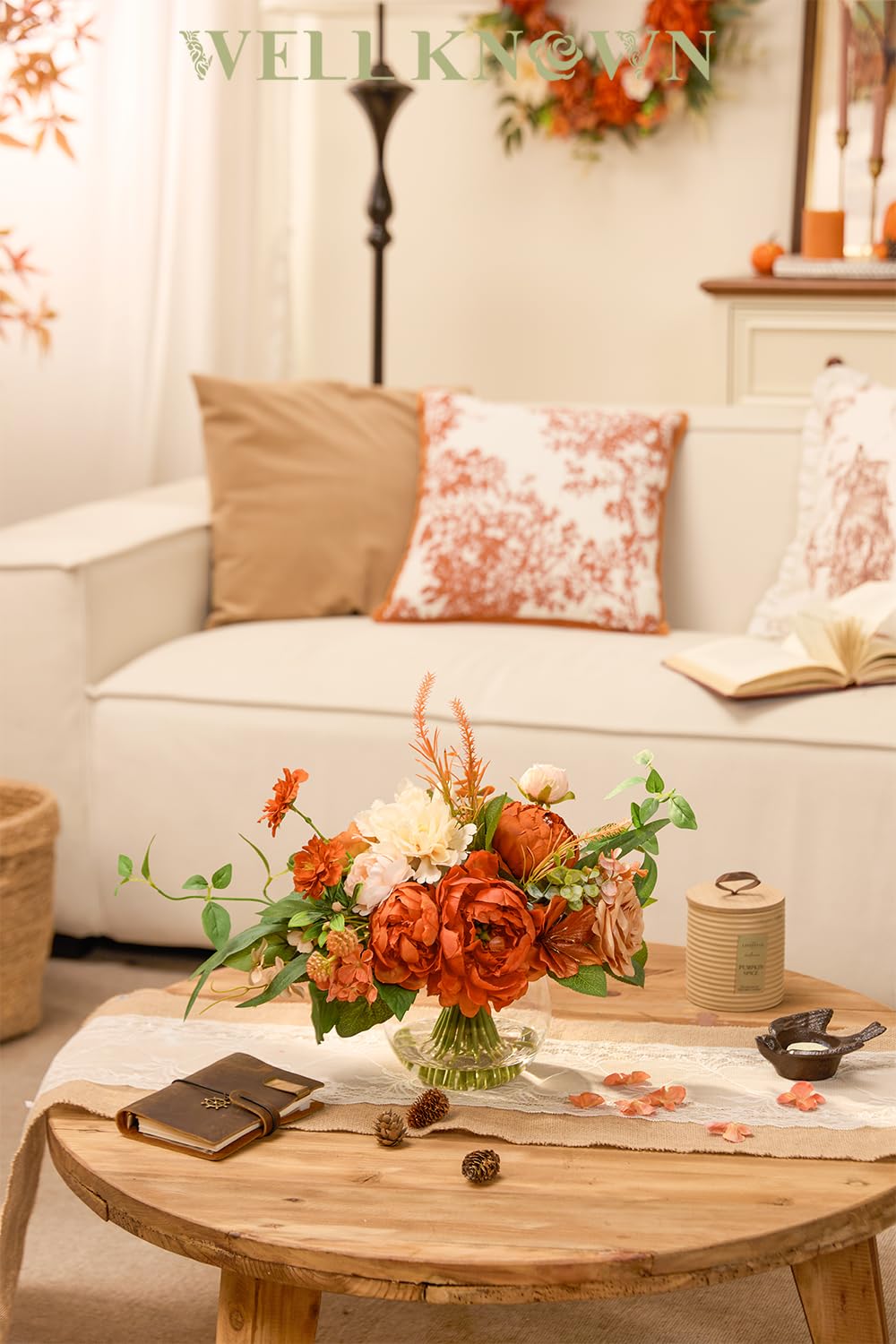 Artificial Flowers in Vase, WELL KNOWN Silk Rose Peony Flower Bouquet Table Centerpieces with Faux Water for Fall Home, Fake Flower Arrangement for Seasonal Party Decor (Burnt Orange & Champagne Plus)