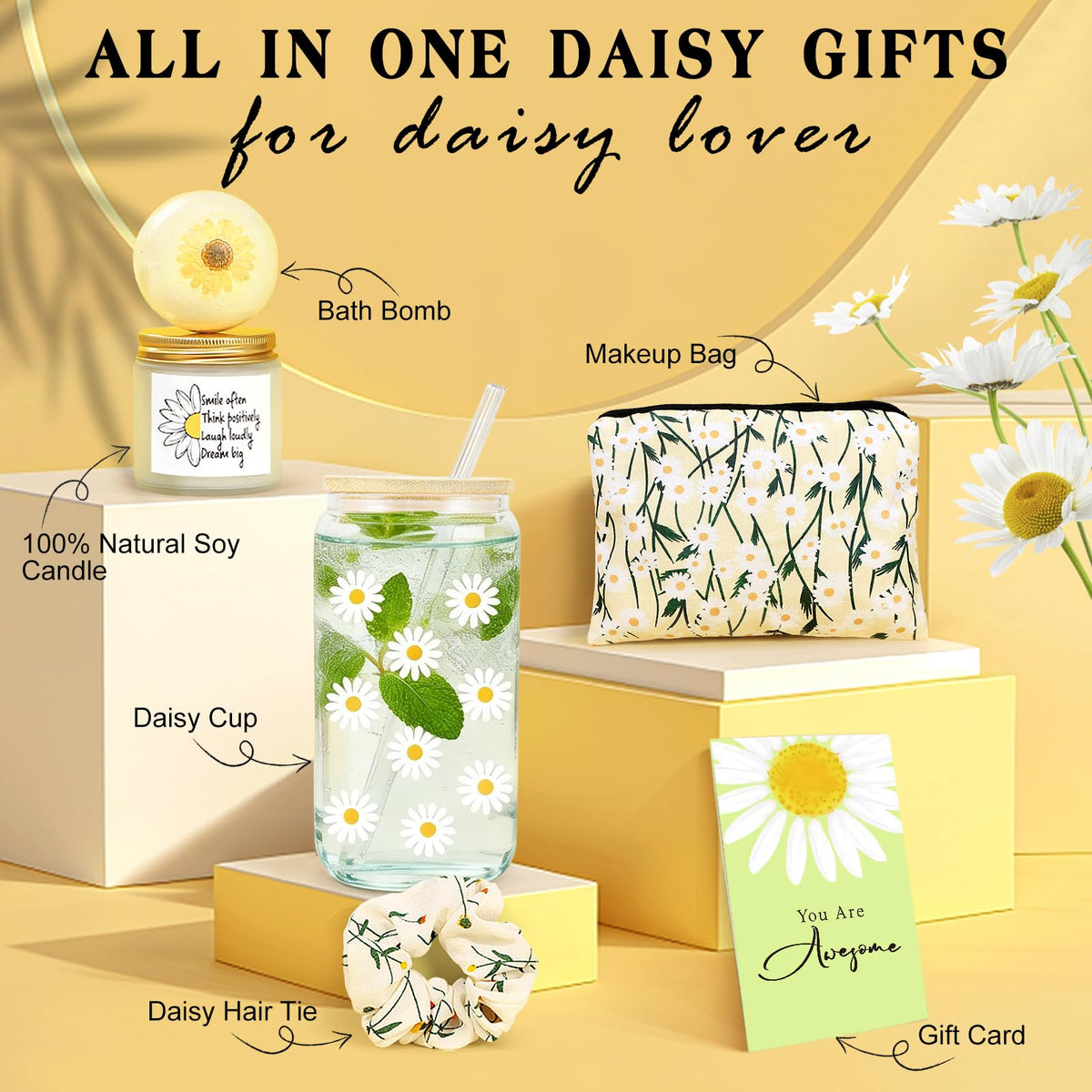 Daisy Gifts for Women, Gift Baskets for Women, Cute Unique Birthday Gifts for Woman Best Friend, Inspirational Gifts for Woman, Daisy Themed Gift for Her Teen Girl Sister Friendship