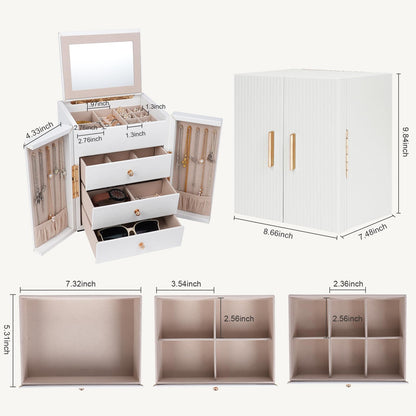 Dajasan Large Jewelry Box Organizer, Jewelry Storage Organizer with 3 Drawers, Huge Jewelry Box with Mirror for Women Girls, Double Door, Textured PU Leather, Gift Idea, Stylish (White + Gold)
