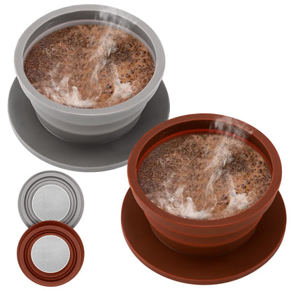 VVGCS Set of 2 Paperless Collapsible Travel Pour Over Coffee Dripper Kit - Silicone Travel Pour Over Coffee Maker Camping - Collapsible Coffee Filter with Stainless Steel Filter (Brown+Grey)