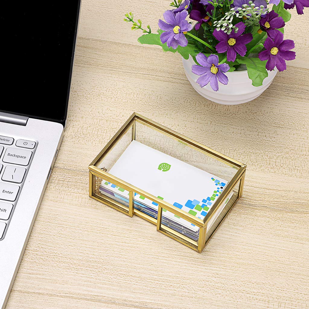 Hipiwe Glass Business Card Holder Box with Lid - Desktop Name Card Display Box Organizer Gold Metal Business card Container Box for Office Countertop