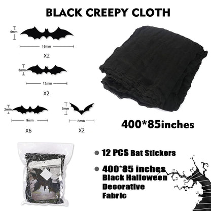 SHIYOUO 400" x 85" Halloween Black Creepy Cloth, Large Size Spooky Gauze Fabric, Halloween Scary Decoration for Haunted Houses Party Supplies Indoor Outdoor-Black 400" x 85"
