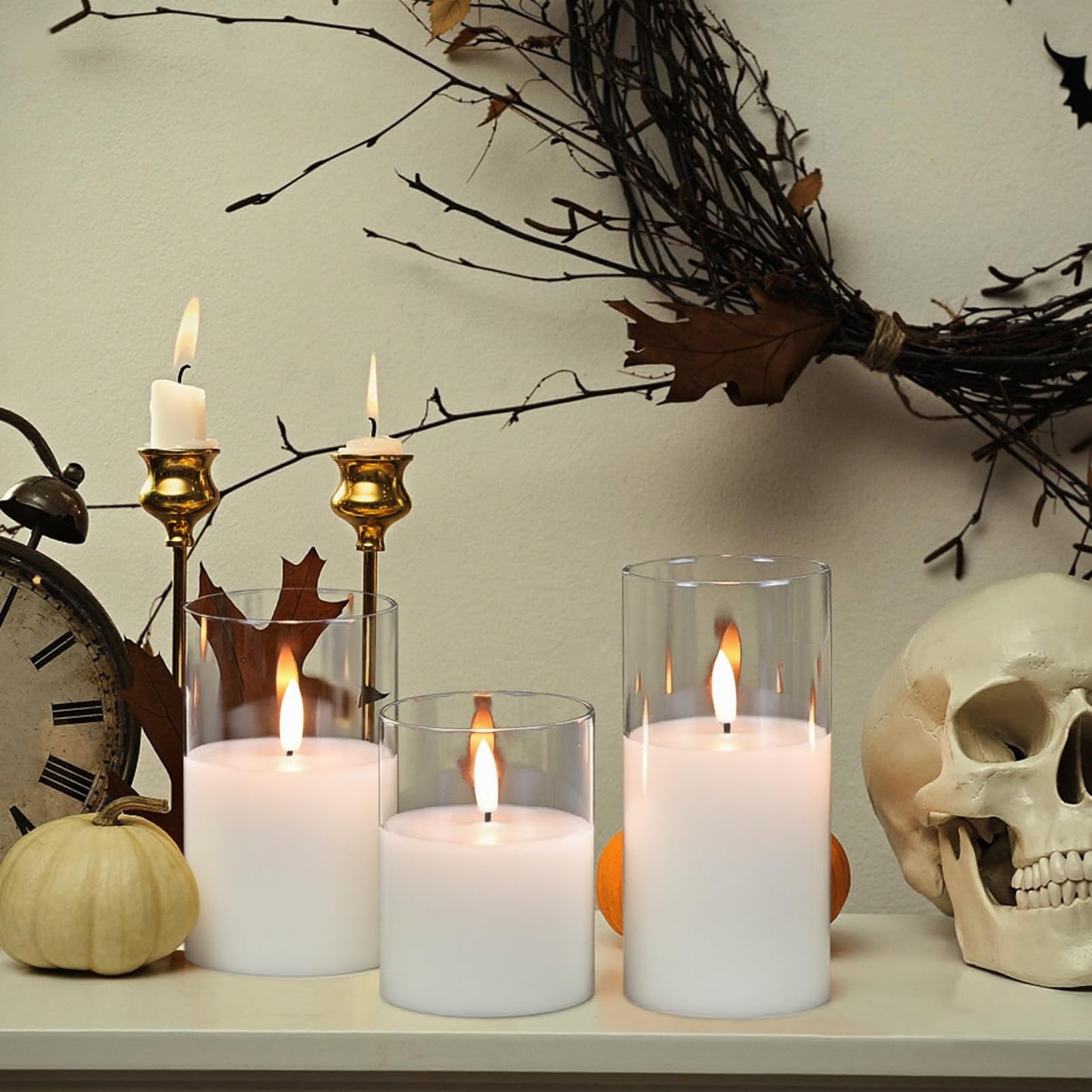 KunSwenn Rechargeable Candles with Remote Timer, Clear Glass Flameless Candles Flickering with Charging Cable, 3 Pack Real Wax LED Pillar Candle for Halloween Christmas Home Decor (D3” x H4”5”6”)