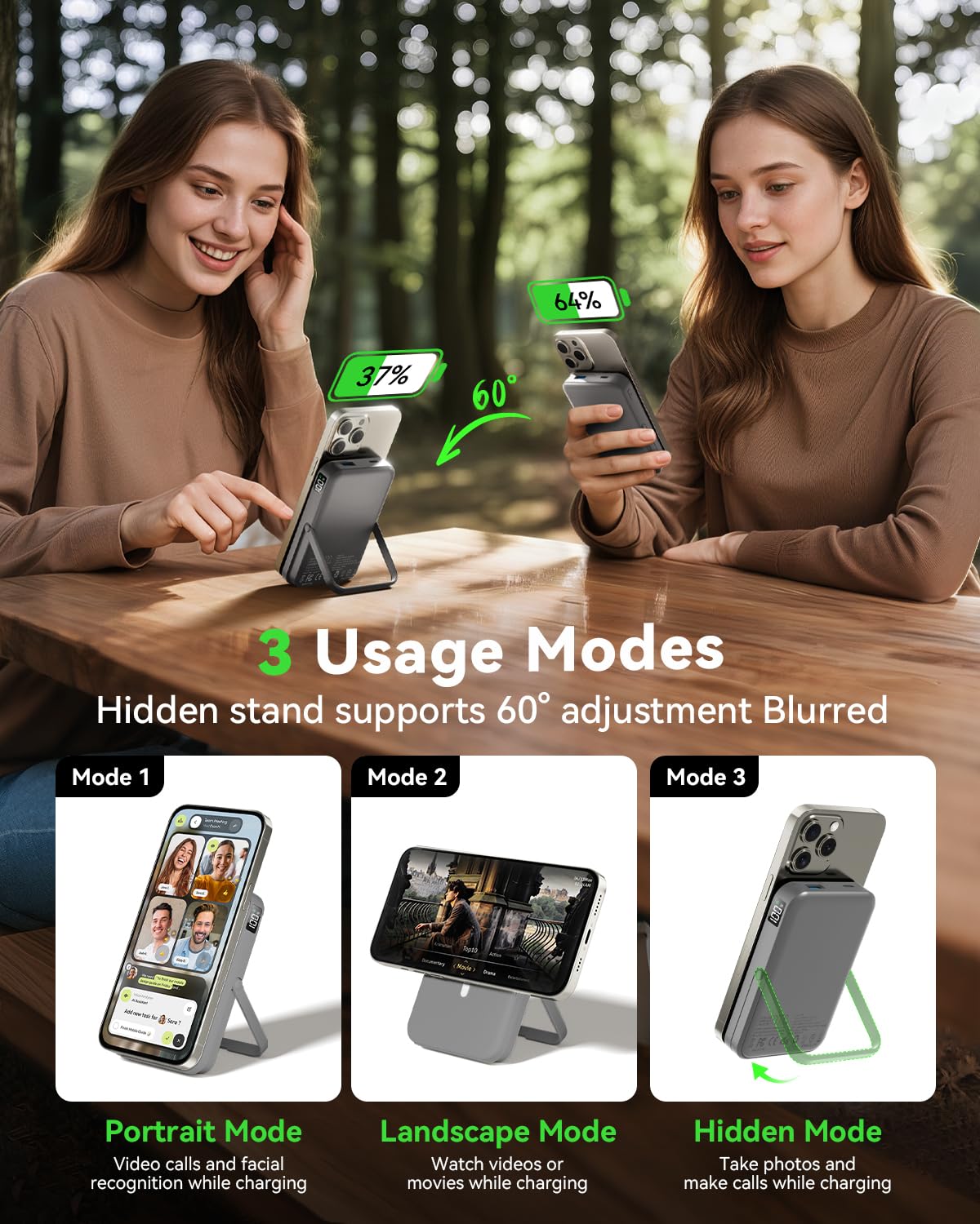 for Magsafe Battery Pack 10000mAh Power Bank with Foldable Stand Portable Charger,PD 22.5W Fast Charge,Travel Essential Wireless Charger for iPhone 17/16/15/14/13/12 Series–Black