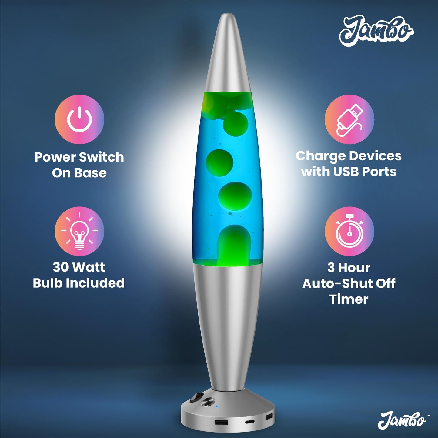 JAMBO 16-Inch Beautiful Lamp with Wax, Relaxing Night Light Home Decor, Extra Tall, Living Room Office Bedroom Lamp for Adults, Teens, Kids (USB, Auto Shut Off, Silver Base, Blue Liquid, Yellow Wax)