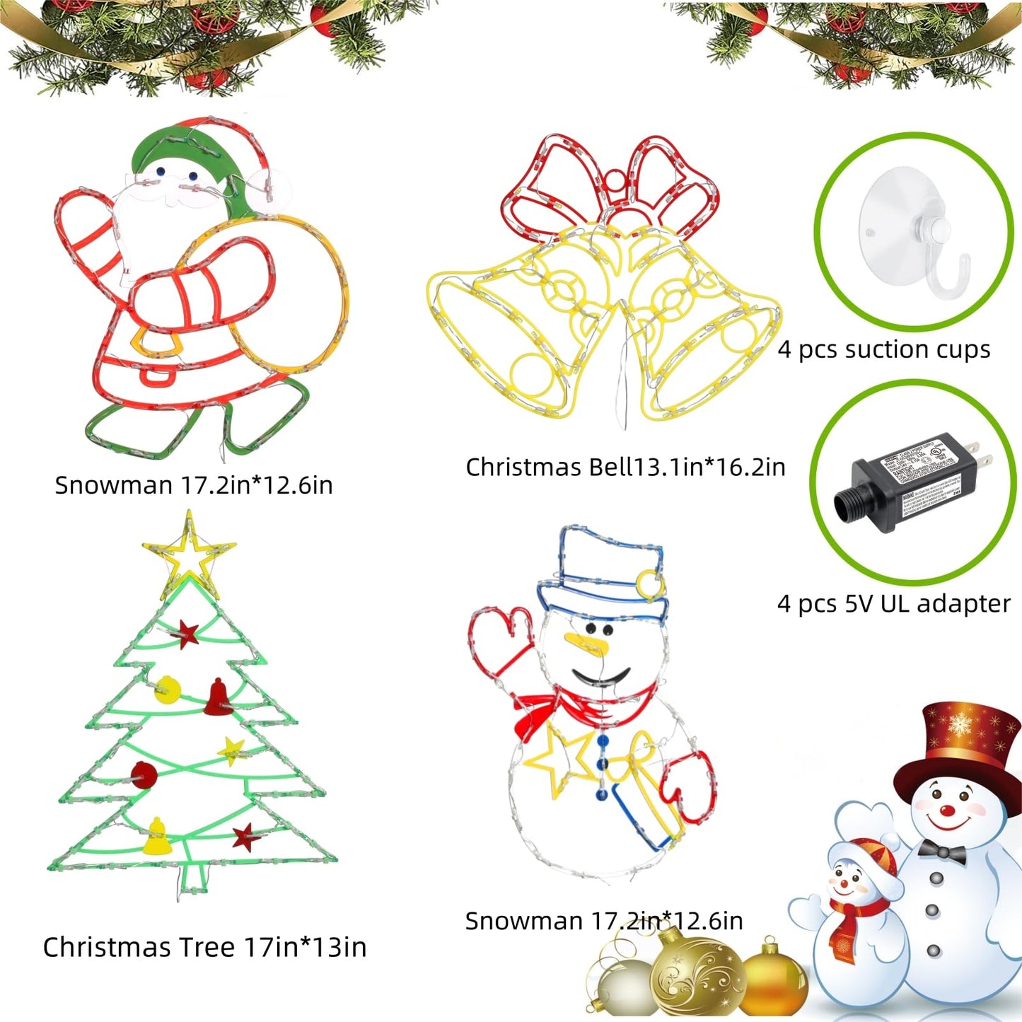 Pytopkto Christmas Decorations - 16" Christmas Window Silhouette Lights - 4 Pack Colour Lighted Christmas Tree ＆ Snowman ＆ Santa ＆Bell for Holiday Indoor and Outdoor Wall Door Window Decorate