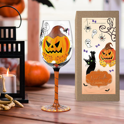 NymphFable Halloween Hand Painted Wine Glass Pumpkin Black Cat Spider Cobwebs Ghosts Unique Halloween Wine Glass for Home Party Friend (2024 Update)