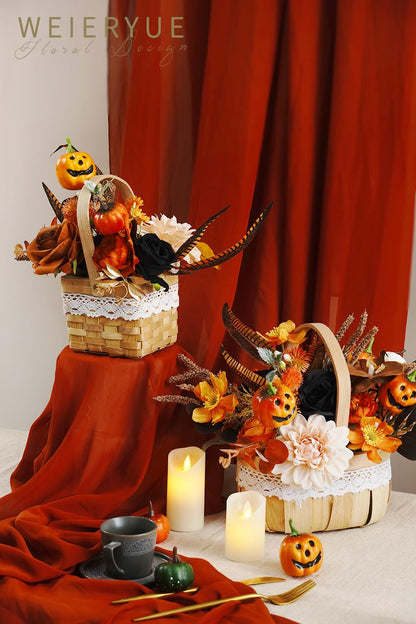 WEIERYUE Halloween Decor Artificial Flowers Black Roses with Pumpkins, Box Set Fake Flowers for, Indoor and Outdoor Front Party Party Decorations (Halloween Pumpkins are Orange and Black)