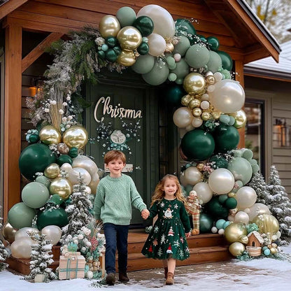 Emerald Green Gold Balloon Arch Kit Double Stuffed Dark Dusty Green Pearl White Sand Latex Christmas Balloon Garland for Birthday Wedding Anniversary Xmas Winter New Year Party Decoration