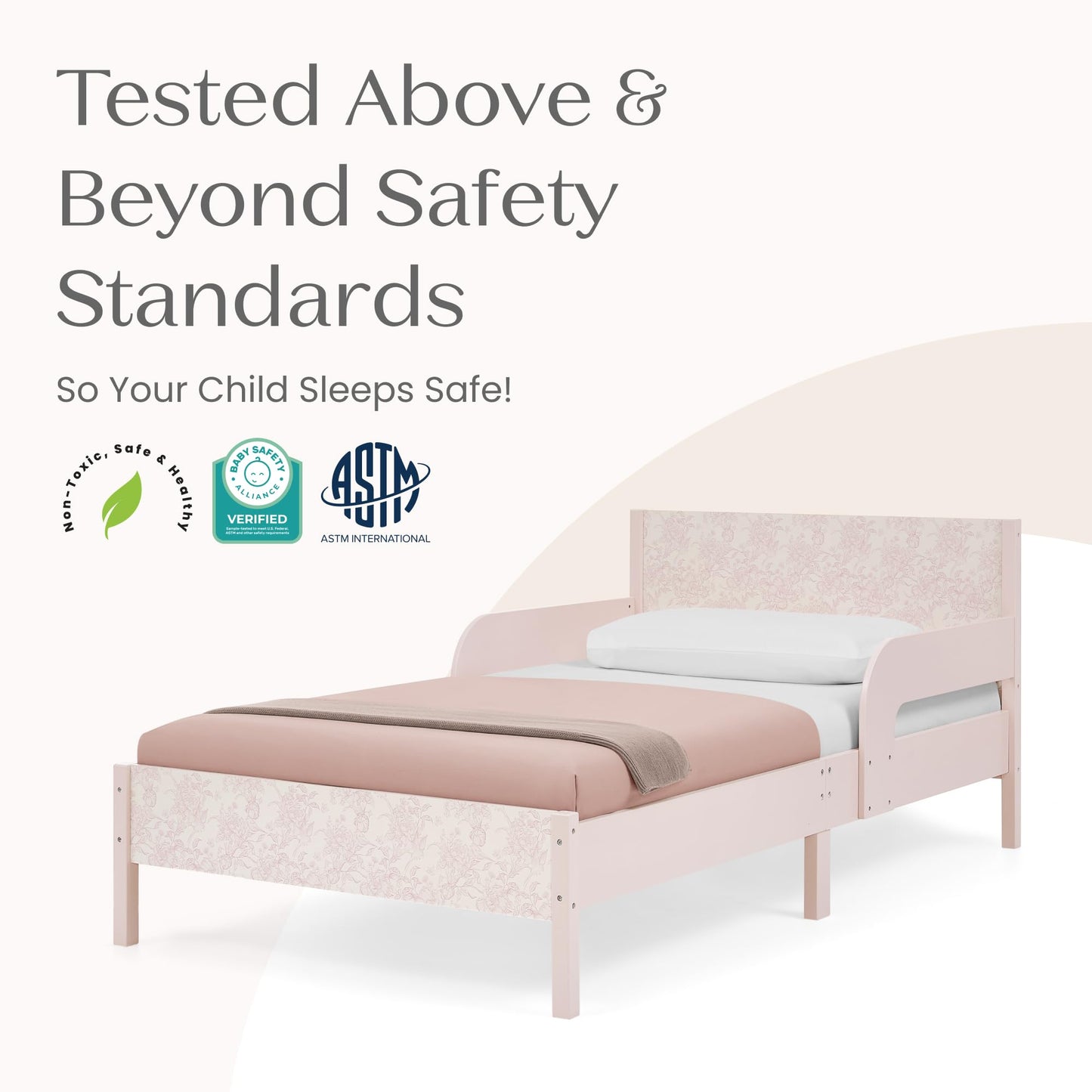 Delta Children Cora Wood Twin Bed with Removable Guardrails - Wood Twin Bed with Slats Supports for Girls & Boys Teens, No Box Spring Needed, Pink Floral Toile