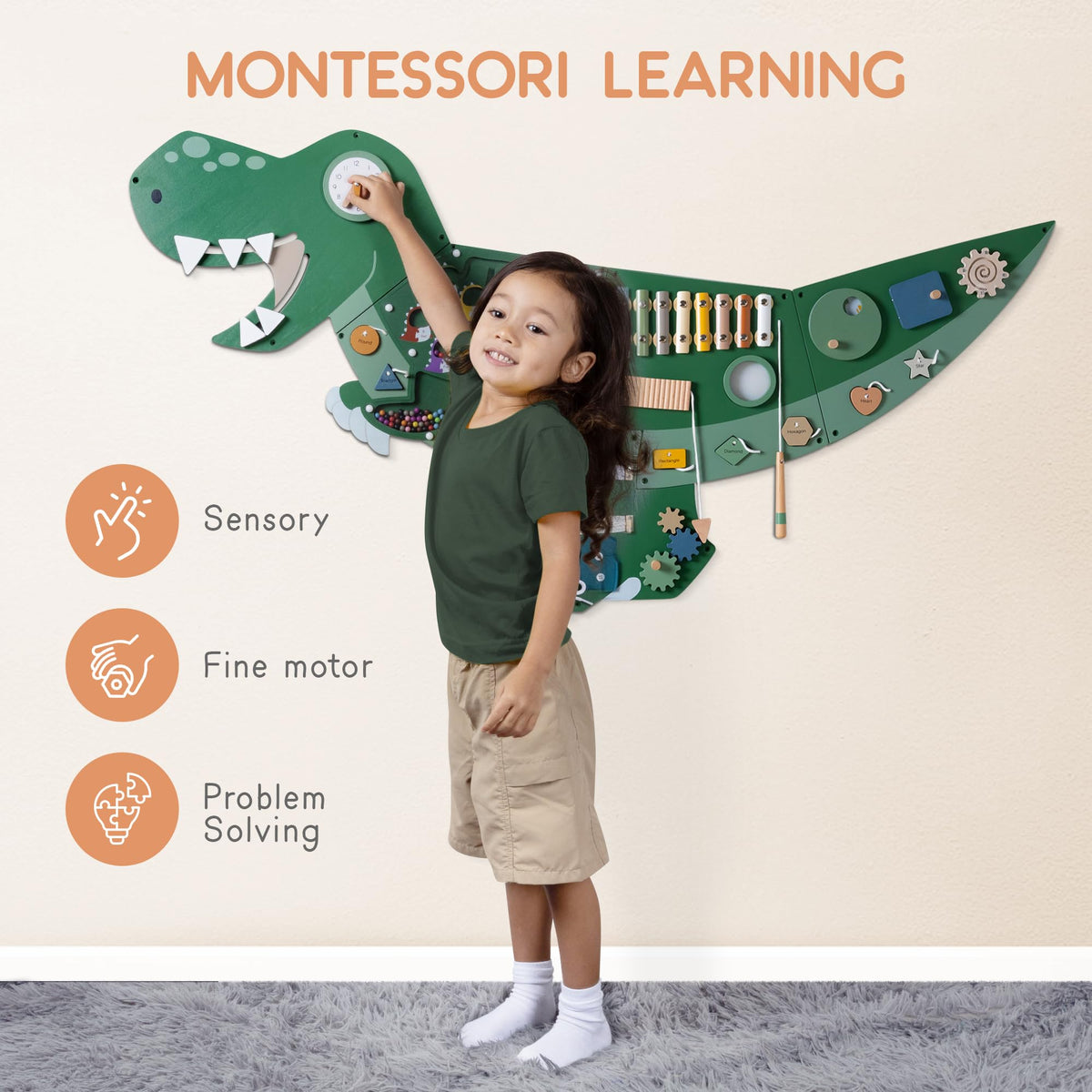 Dinosaur Activity Wall Busy Board - Wooden Sensory Wall Panel for Kids & Toddler Wall Activity - Interactive Montessori Wall Activity Board for Boys & Girls - Perfect for Playroom Daycare Waiting Room