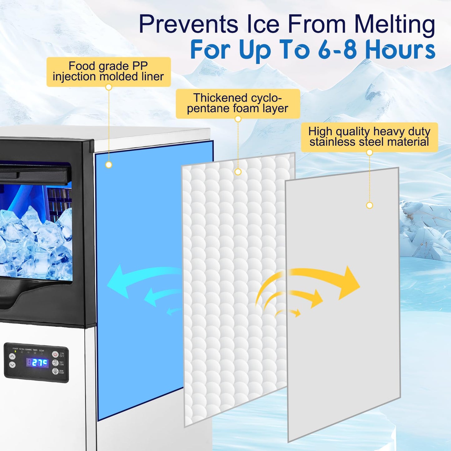 Commercial Ice Maker Machine 77LBS/24H, Stainless Steel Under Counter Ice Machine with 22LBS Ice Storage Capacity, Auto-Cleaning, 5x8 Ice Grid for Bar Restaurant Cafe Office Home, 110V 195W