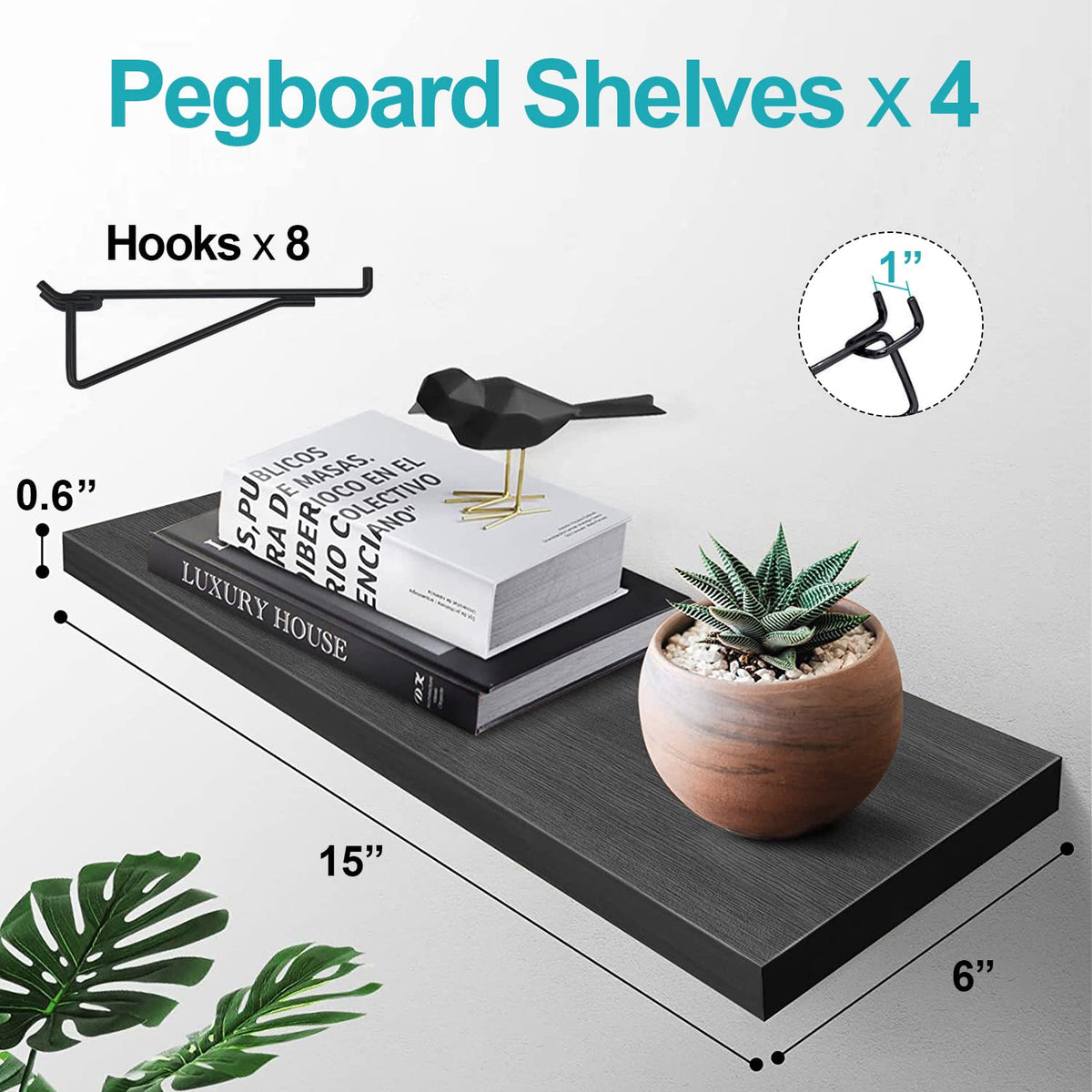 HJW Pegboard Shelf Black, 4 Pack Wooden Pegboard Shelves with Metal Pegboard Shelf Brackets Pegboard Hooks, for Craft Room, Home, Kitchen, Garage