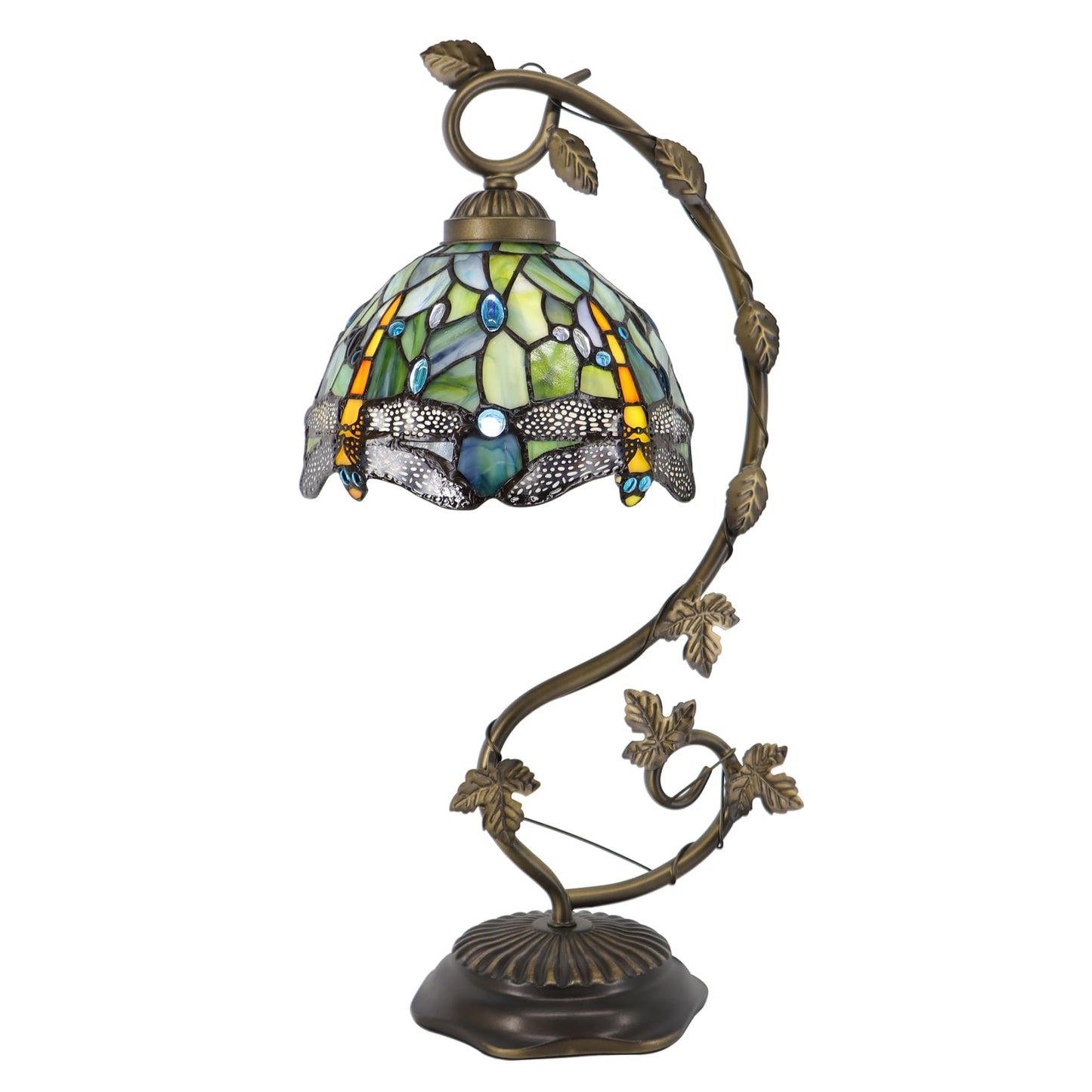 HWDFEI Tiffany Table Lamp, Stained Glass Desk Reading Light,Metal Leaf Table Lamp Base 8X10X21 Inches (Brown Dragonfly)