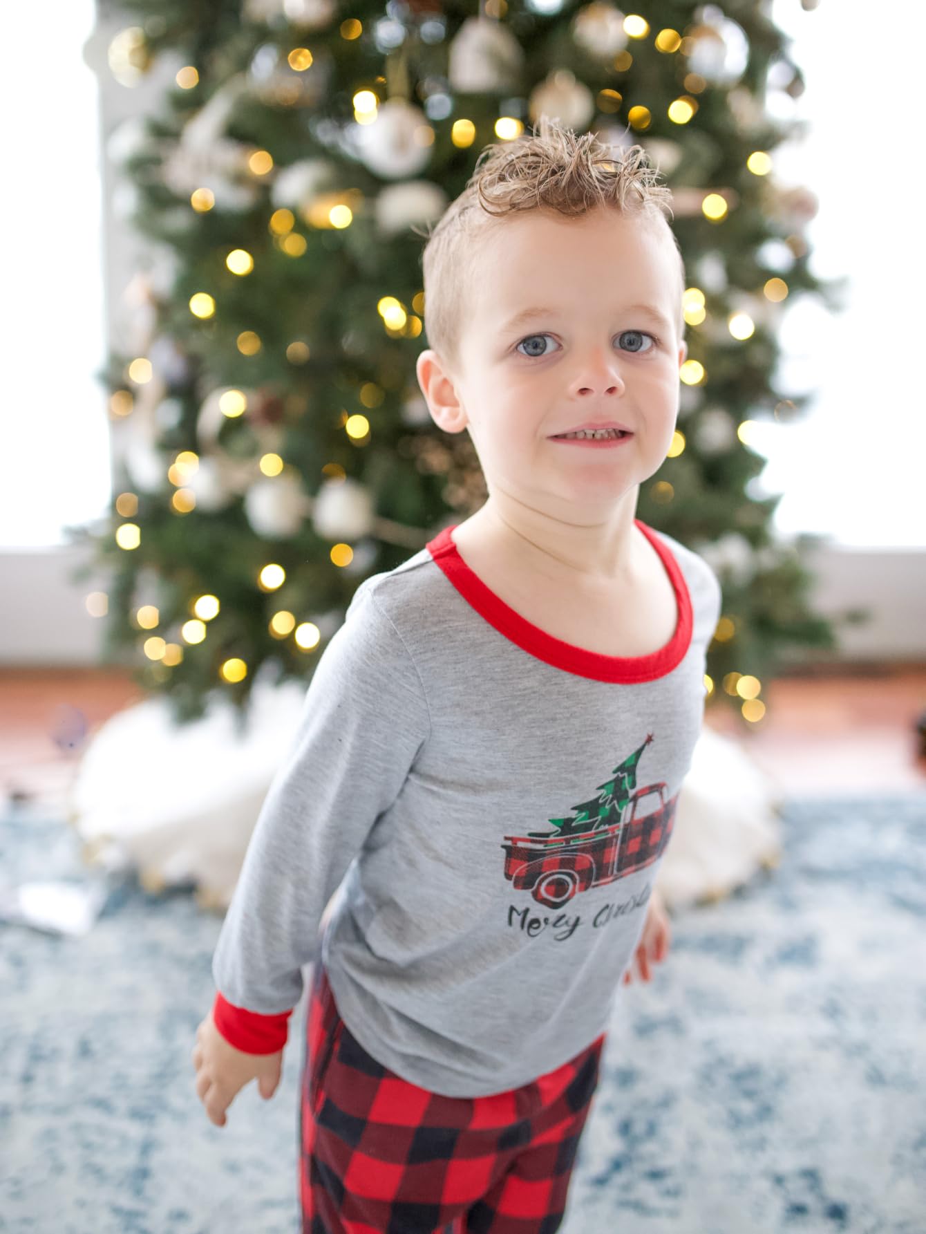 IFFEI Matching Family Pajamas Sets Christmas PJ's Sleepwear Truck Print Top and Plaid Pants with Pocket 6-7 Years