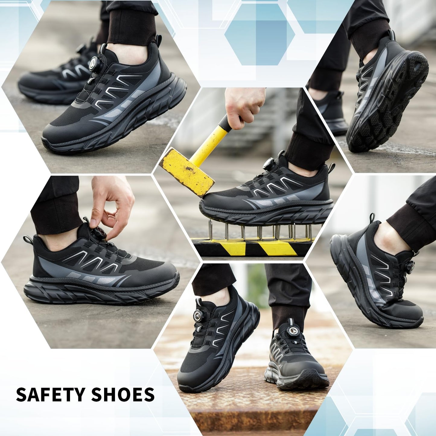 Safety Trainers Men Women Steel Toe Cap Trainers Lightweight Work Safety Shoes Breathable Non Slip Steel Toe Cap Boots Swivel Buckle Shoelaces, Black, 9 UK