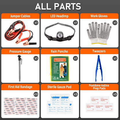 Emergency Car Tool Kit Roadside Assistance Tool Kit, Vehicle Safety Tool with Headlamp, Gloves and Jumper Cable Kit, Essential Car Accessories for Men, Women