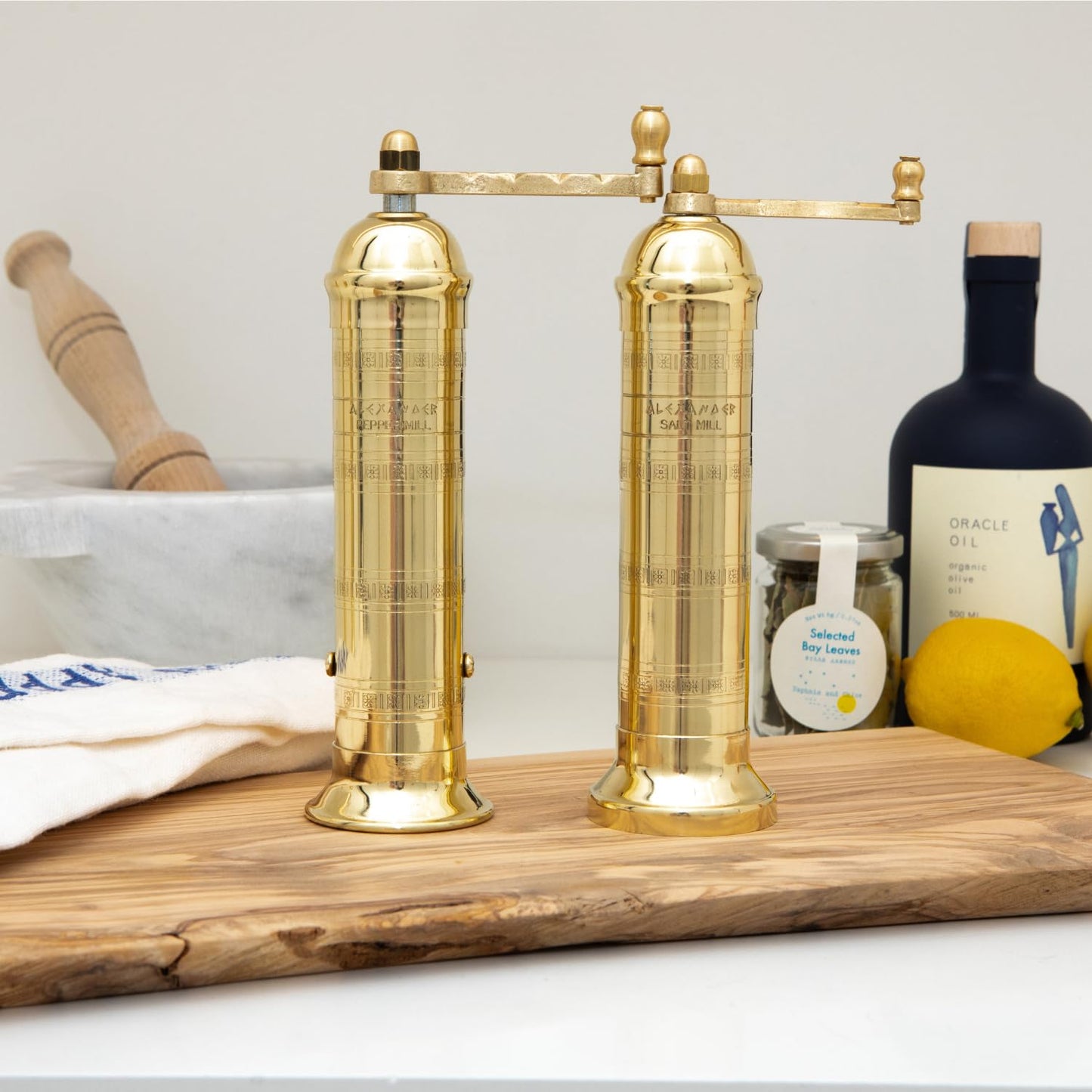Alexander Home Original Greek Salt Mill, 8-Inch Brass– European Manual Salt Grinder Refillable, with Polishing Cloth