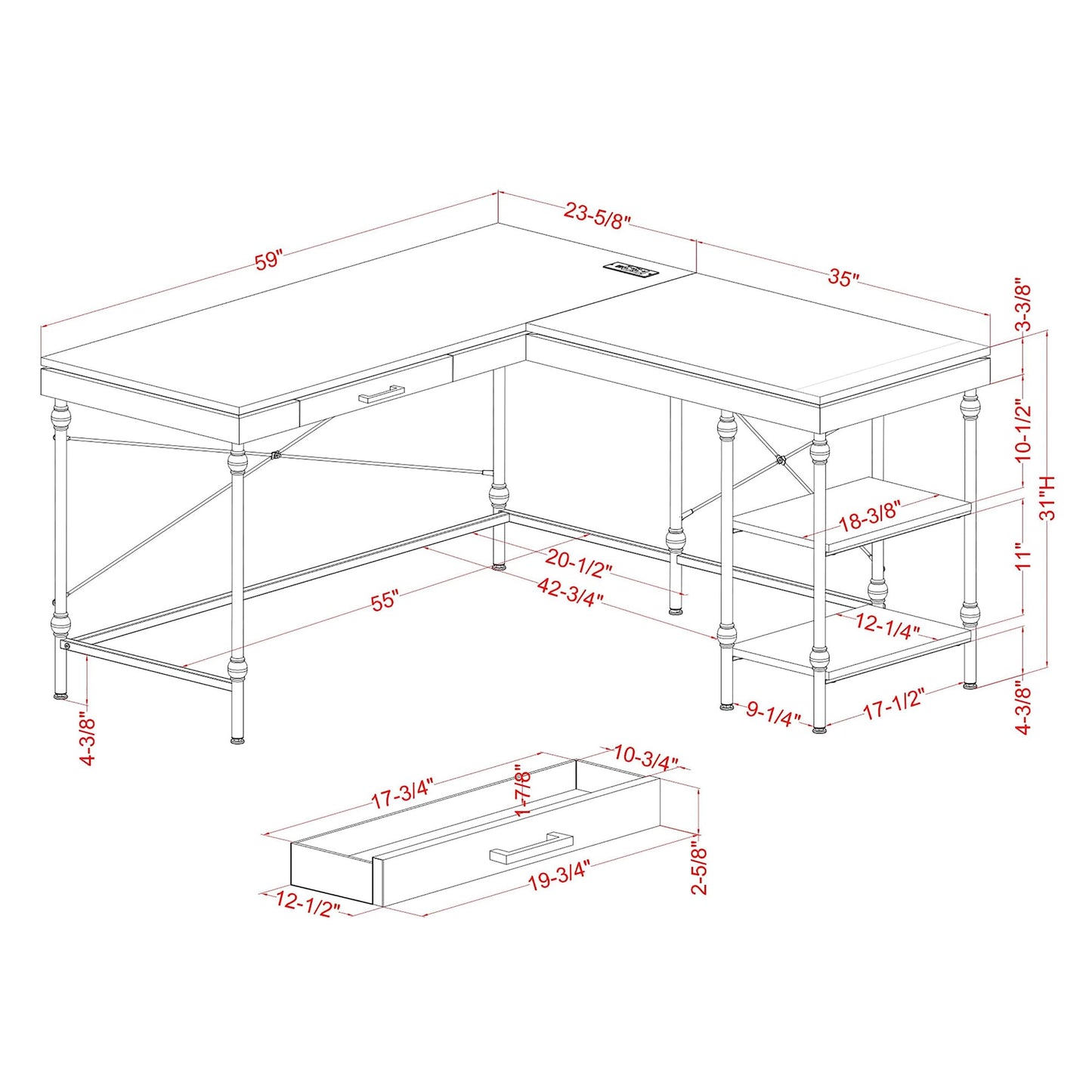 24/7 Shop at Home Monier Farmhouse Metal 2 Shelves Corner Computer Desk with USB Port, Power Outlet, 1 Drawer for Workstation, Home Office, Study Room, Antique White
