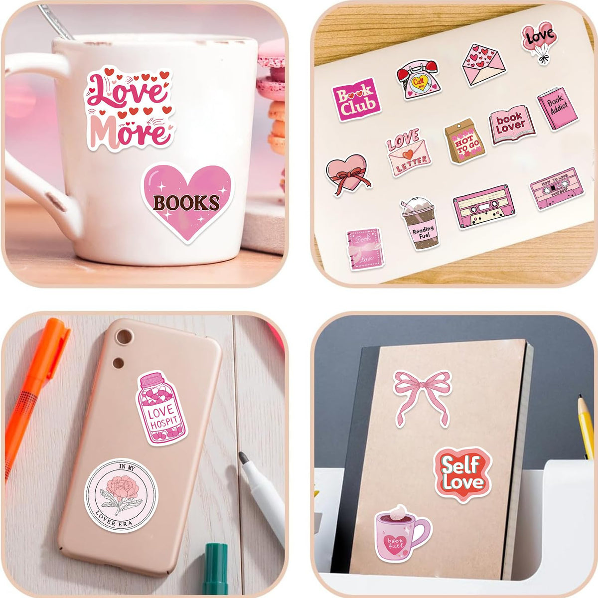 50Pcs Pink Love Stickers, Waterproof Heart Self Loves Sticker, Cute Scrapbook Aesthetic Reading Decals Book Lovers Gifts for Greeting Cards Laptops Phone Cases Tumblers Water Bottles Girls (Love)