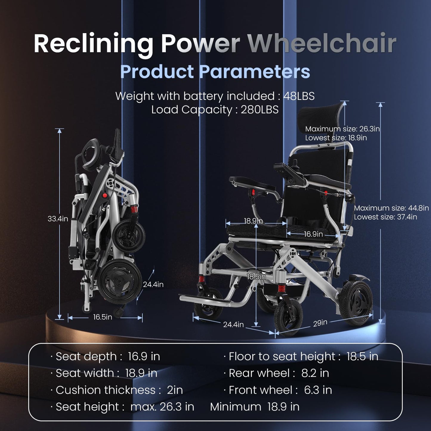 2026 New Reclining Electric Wheelchair for Adults, 30+ Miles Long Travel Range All Terrain Power Wheelchair with 2 Li-ion Battery, Lightweight Foldable Motorized Wheel Chair, with Headrest, Telescopic