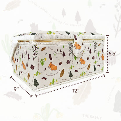 Wooden Sewing Basket Kit with Complete Sewing Tools, Large Box Organizer with Removable Tray and Tomato Pincushion for Hand Sewing and DIY Repairs, Rabbit Forest