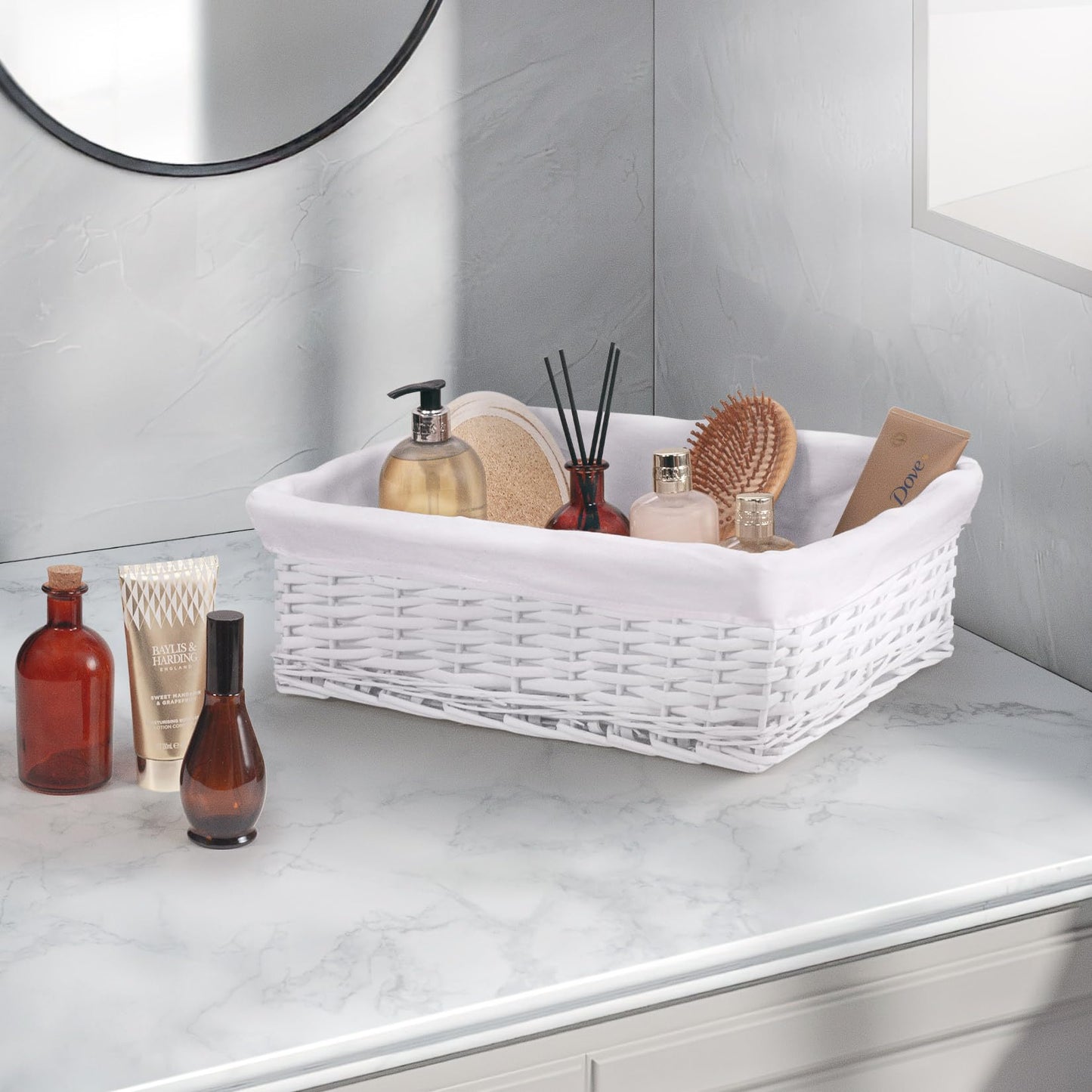 woodluv New White Wicker Storage Basket With White Cloth Lining (Large)