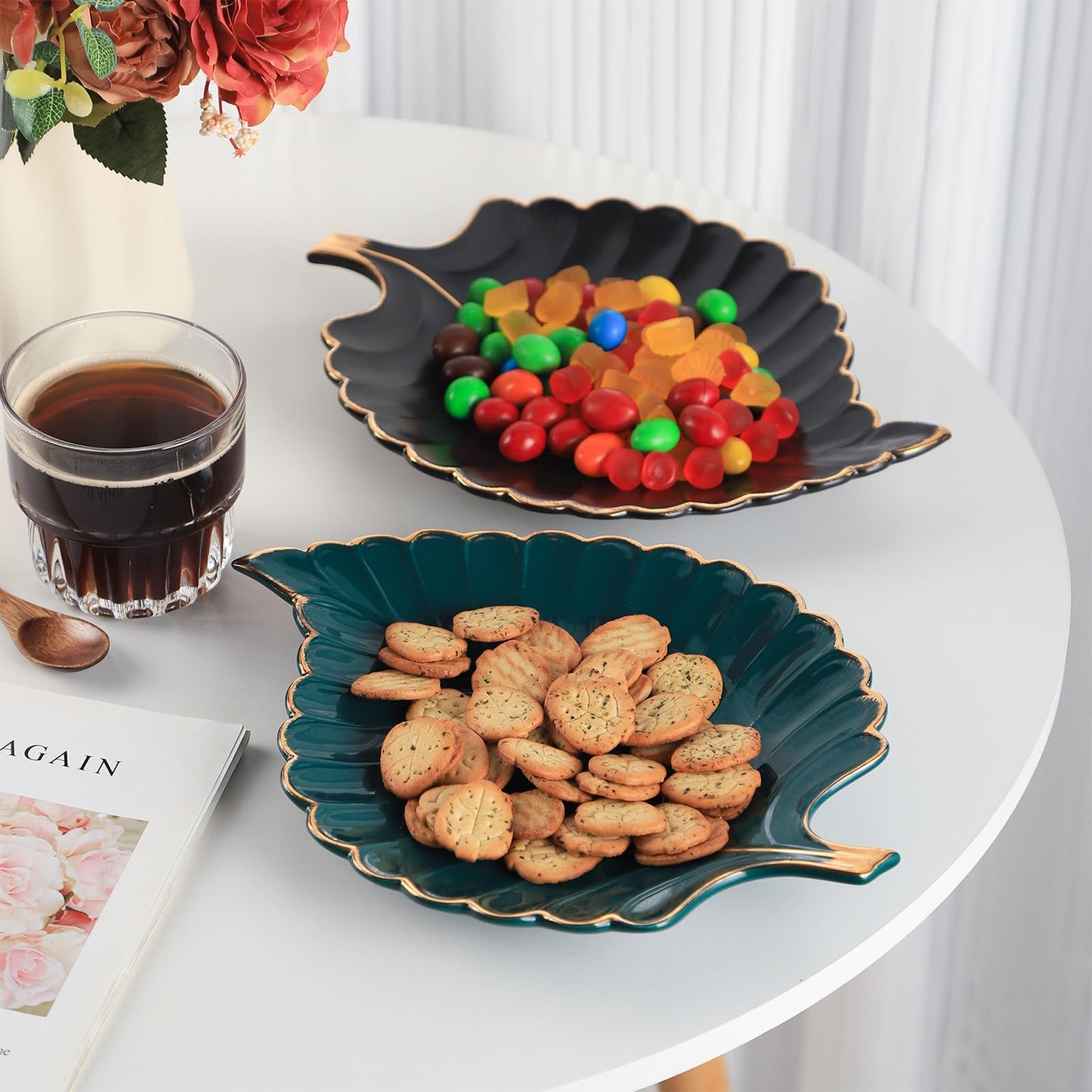 VanEnjoy Candy Dishes Decorative, Key Bowl for Entryway Table, Green Ceramic Bowl Decorative, Decorative Bowl for Keys, Leaf Jewelry Plate Tray