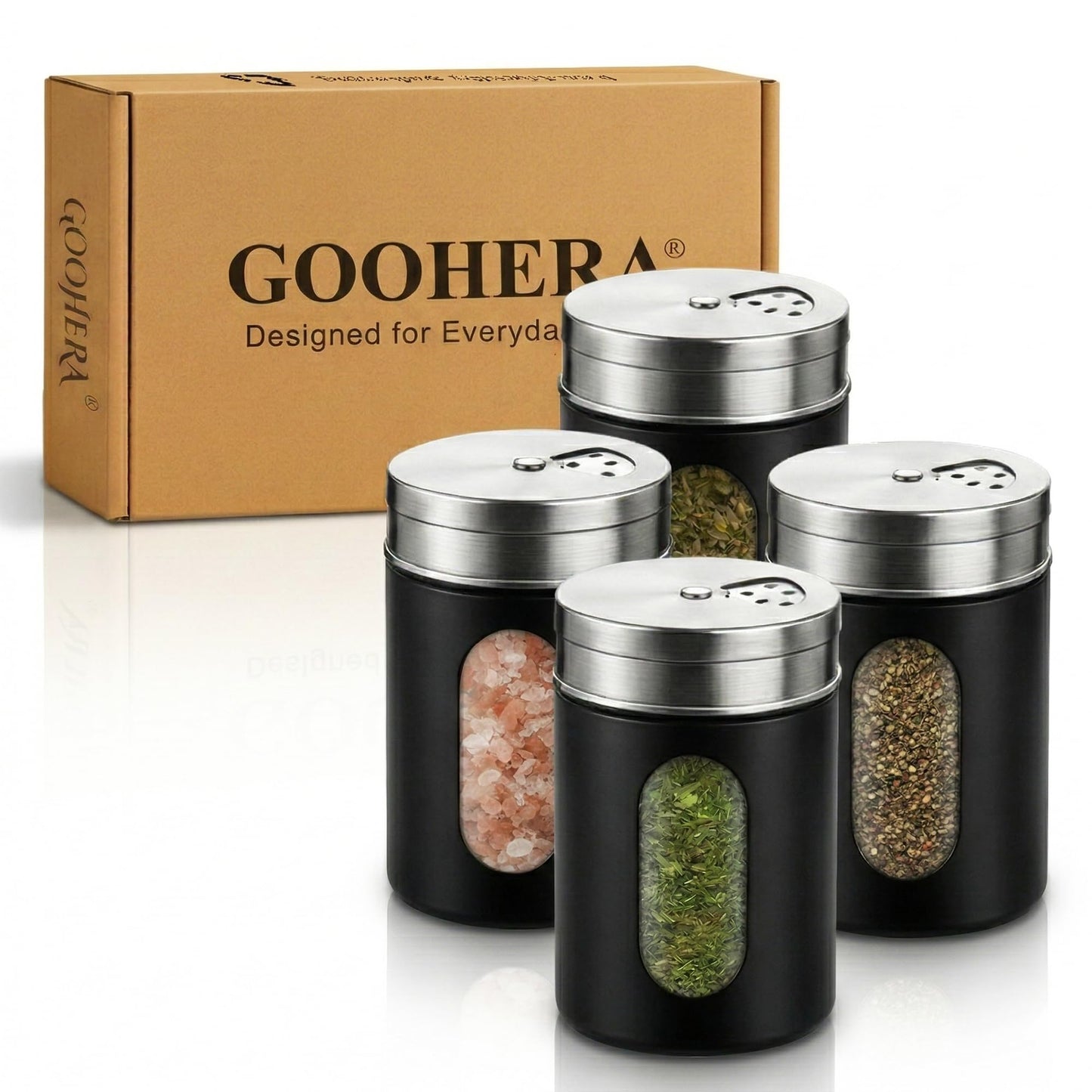 GOOHERA 4-Piece Salt and Pepper Shakers Set, 100mL (3.38oz) Each – Premium Stainless Steel Spice Dispensers with Adjustable Pour Holes – Black