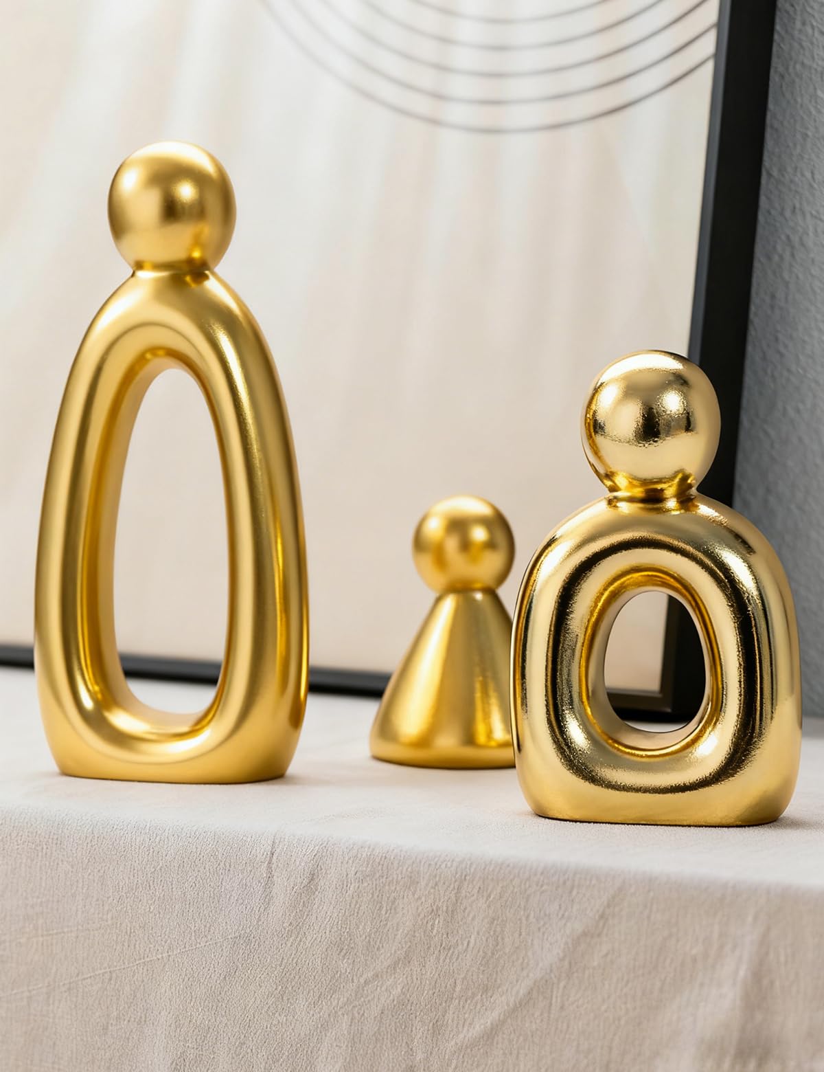 Joogour Abstract Family of 3 Figurines Modern Sculptures - Minimalist Home Decor for TV Stand, Bookshelf, Living Room | Decorative Accents and Gift Ideas as Knick Knacks for Shelves (GLOD)