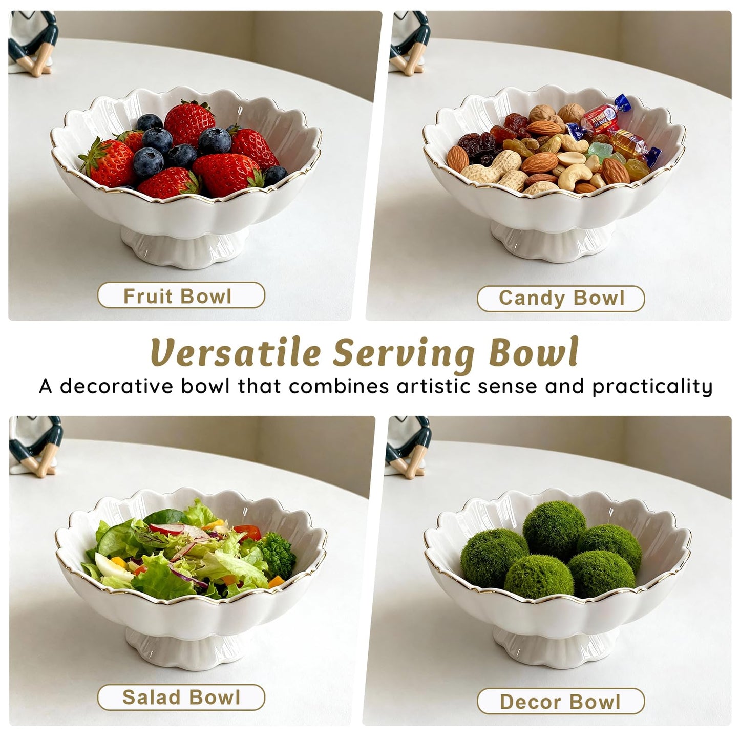 White Small Decorative Bowl 8 Inch Ceramic Key & Fruit Bowl Ruffle Lotus Shape with Gold Rim Candy Bowl, Multi-Use Centerpiece Pedestal Bowls for Kitchen Counter, Coffee Table, Entryway, Wedding