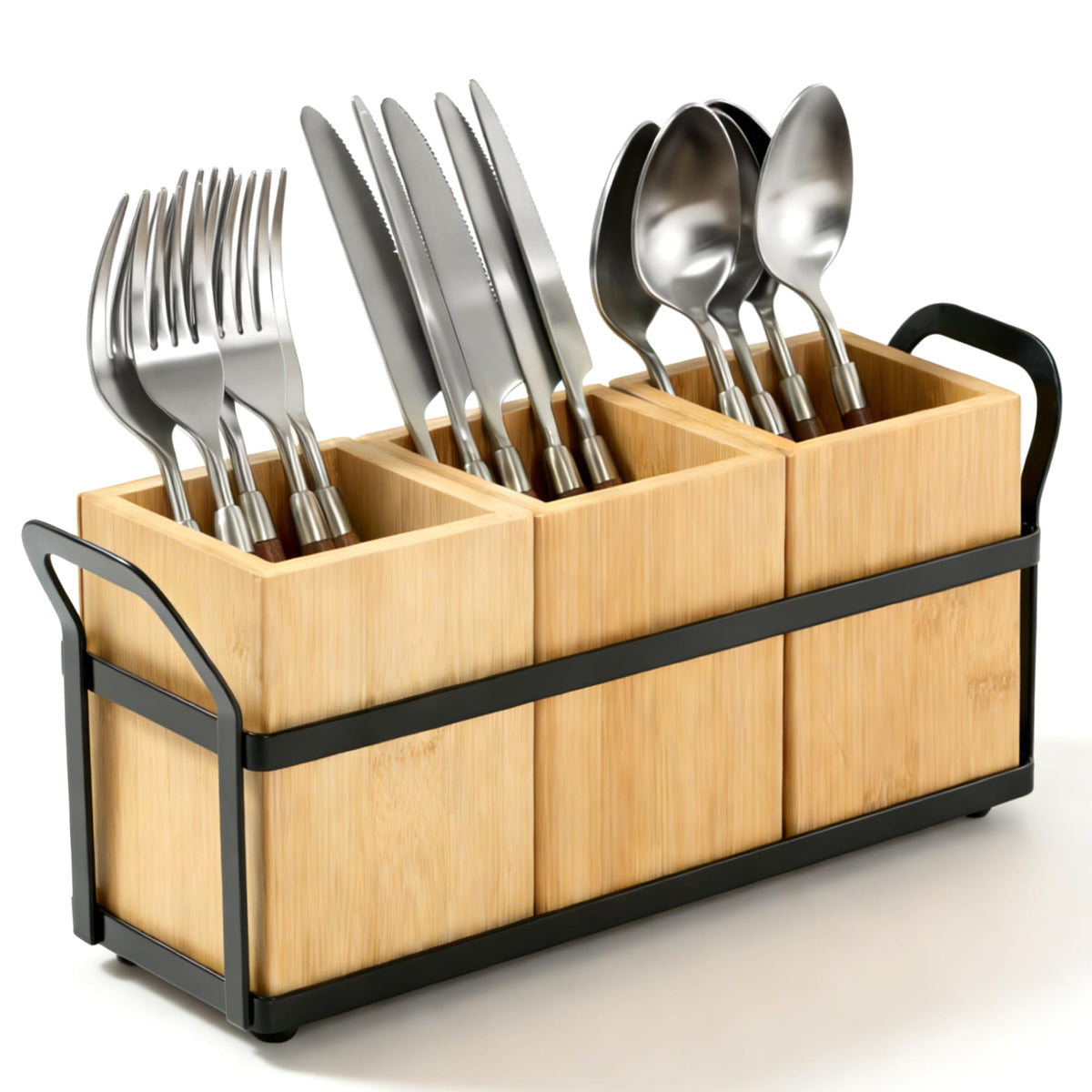 Utensil Holder for Kitchen Countertop, 3 Compartments Detachable Utensils Caddy, Wooden Utensils Organizer for Silverware, Spatula, Fork, Knife, Cutlery Storage, Counter Cooking Utensil Crock