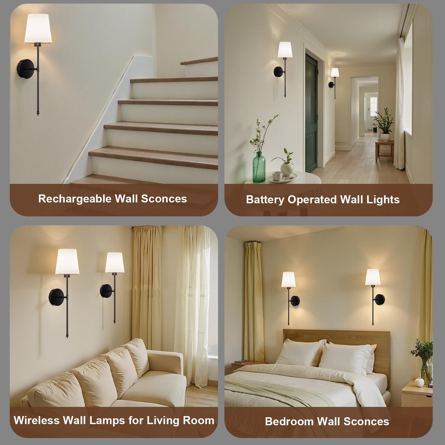 IRONPAX Wall Sconces Battery Operated Set of 2, Wireless Rechargeable Wall Sconce Set of Two, Dimmable Wall Lights with Remote for Bedroom Living Room Hallway Decor (Black, Fabric Shade)