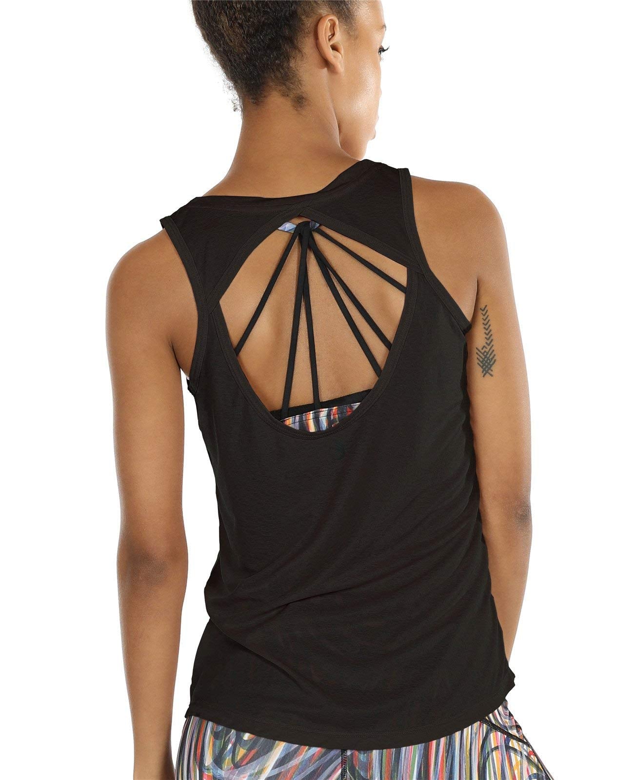 icyzone Open Back Yoga Tops for Women - Activewear Workout Clothes Exercise Fitness Tank Tops Gym Shirts(L, Black)